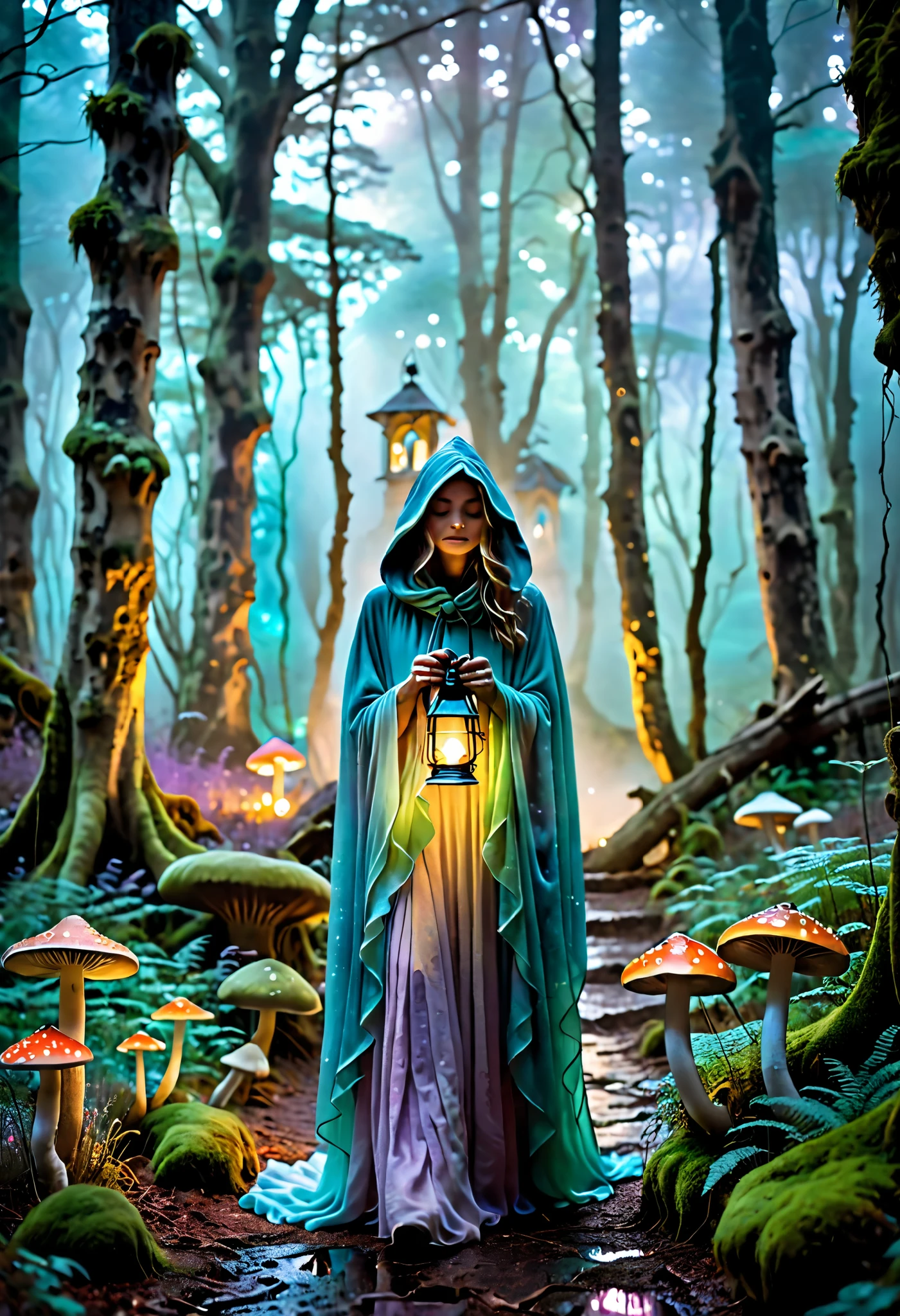 Fantasy style,Paint Pouring,dreamlike textures,vivid pastel tones,1girl,lonely traveler,long flowing cloak,hood covering face,holding glowing lantern,mystical forest,mushrooms emitting soft light,spiraling mist,ancient ruins in background,ethereal atmosphere,otherworldly glow,soft focus