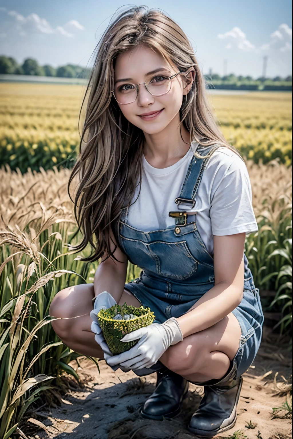 John Deere 6605 、Farmer、golden wheat field、 white t-shirt 、 overalls 、 white work gloves 、 black short boots 、Woman with silver semi-long hair wearing hair on one side of her ear、Glasses、smile