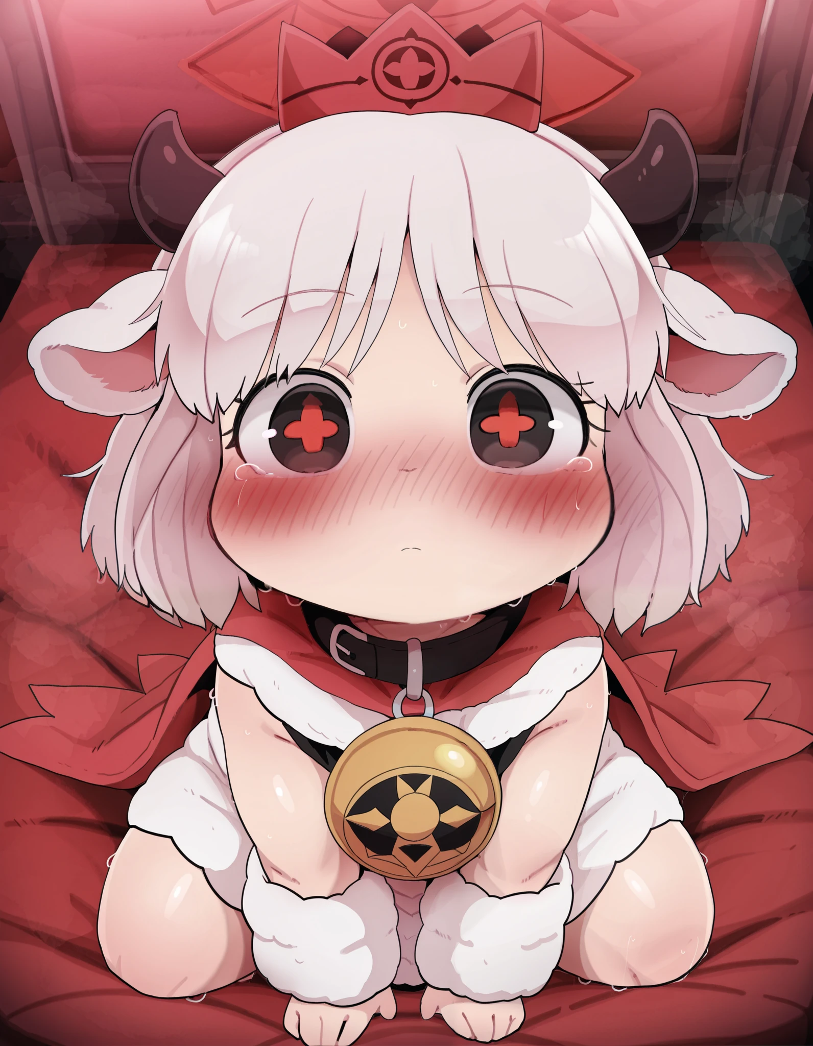 solo, dagasi_style, Dagashi_(Daga2626), score_9,score_8_up, score_7_up, 1girl,solo, cult of the lamb, sheep girl, collar, horizontal pupils, red/black eyes, red crown,