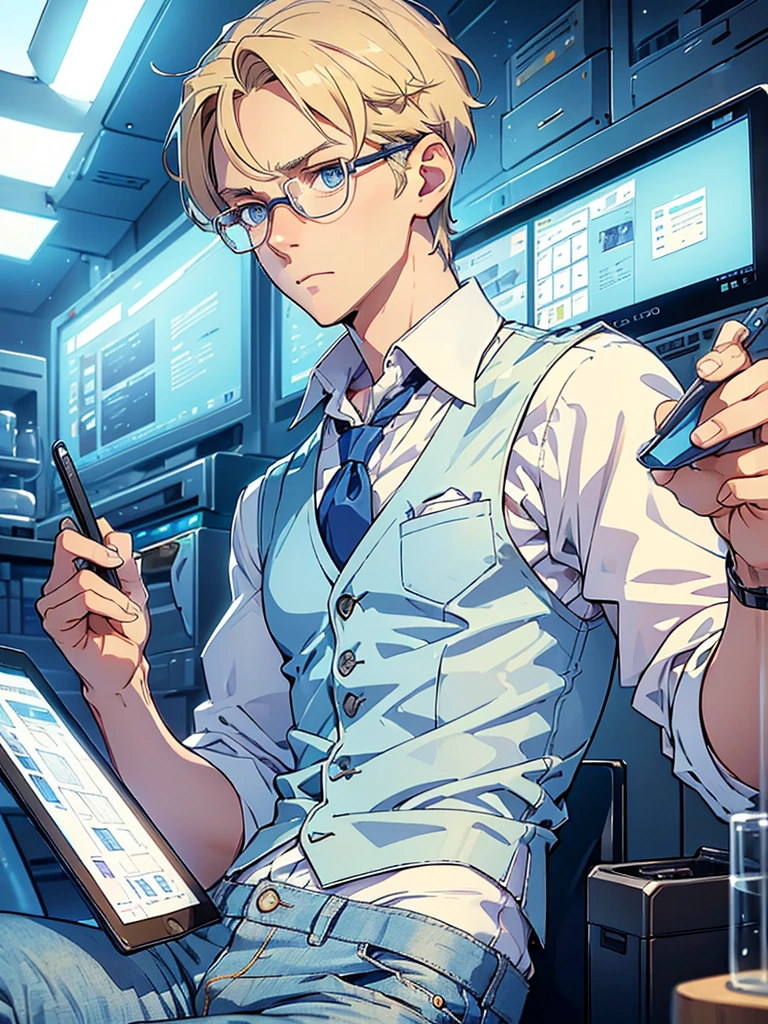 masterpiece, high quality, male, mid-30s, (upper body), sitting, ((holding tablet)), tall, average looking, nerdy, short blond hair, blue colored eyes, (glasses), looking worried, looking sad, wearing white shirt, [(unbuttoned) waistcoat : 3], cargo jeans, wristwatch, futuristic lab