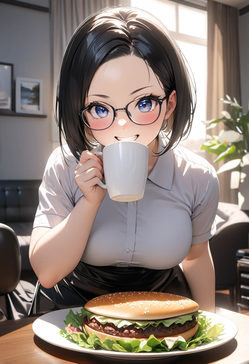professional artwork, intricate details, vision, sharp focus, detailed, Realistic lighting, Hot topics on pixiv,(masterpiece:1.0),(the best_quality:1.0), 超high resolution, Super detailed, photography, 8k, human development report, high resolution, ridiculous:1.2, Kodak Portrait 400, film grain, sharp focus, Bokeh:1.2, lens flare, (energetic_color:1.2), (((indoors, Office details))), Annaros, 1 girl, female mature, black hair, short hair, (yellow eyes), big breasts, Black-rimmed glasses,office suit, High heel, soft skin, hair intake, (alone:1.4), (Upper body, half body shot, covering breasts), happy, Smile, Sweet,Conduct an interview