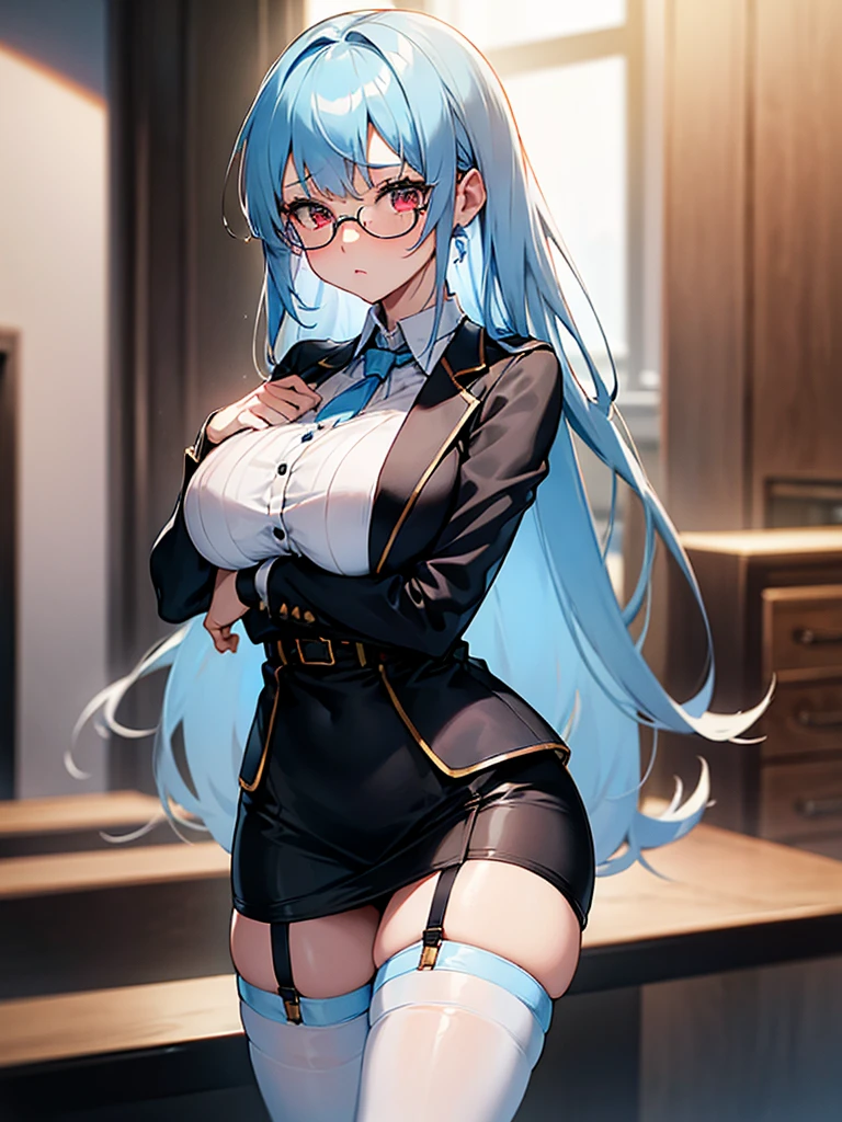 ((4k,masterpiece, best quality)),black academy uniform, black stockings ,mature girl, Graceful  , solo, long blue hair, smiling,
