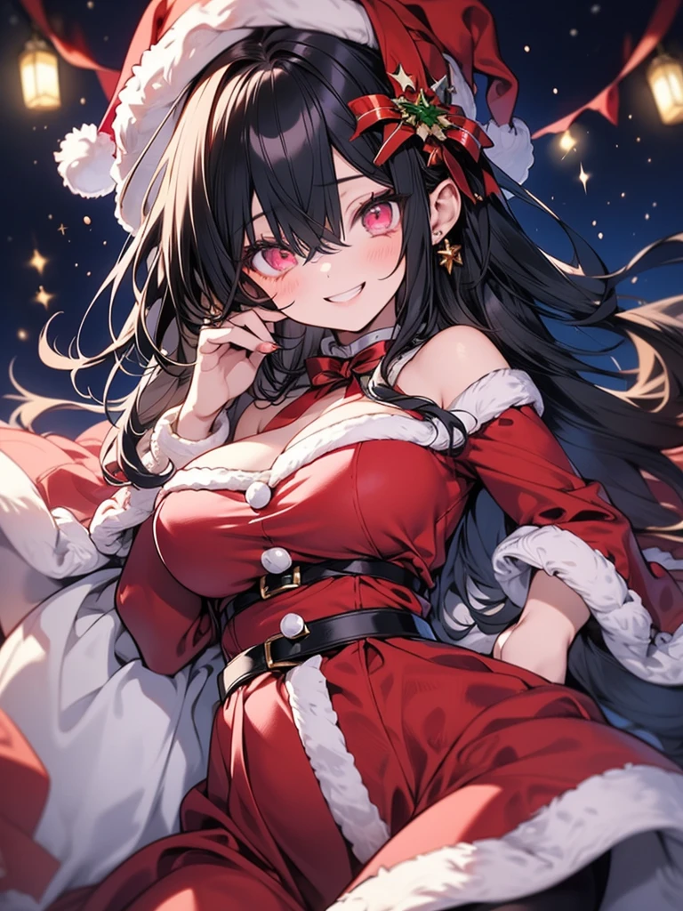 absurderes、high resolusion、(​masterpiece:1.2)、best qualtiy、perfect anatomia、ighly detailed, anime illustrated, 

Natsume, 1girl in, Black hair, Short hair, straight haired, Yellow eyes, large boob, 


Smile, 

Focus, Looking at Viewer, 
  
(depth of fields)、bokeh dof, 
santa_outfit, wearing hat, Christmas tree