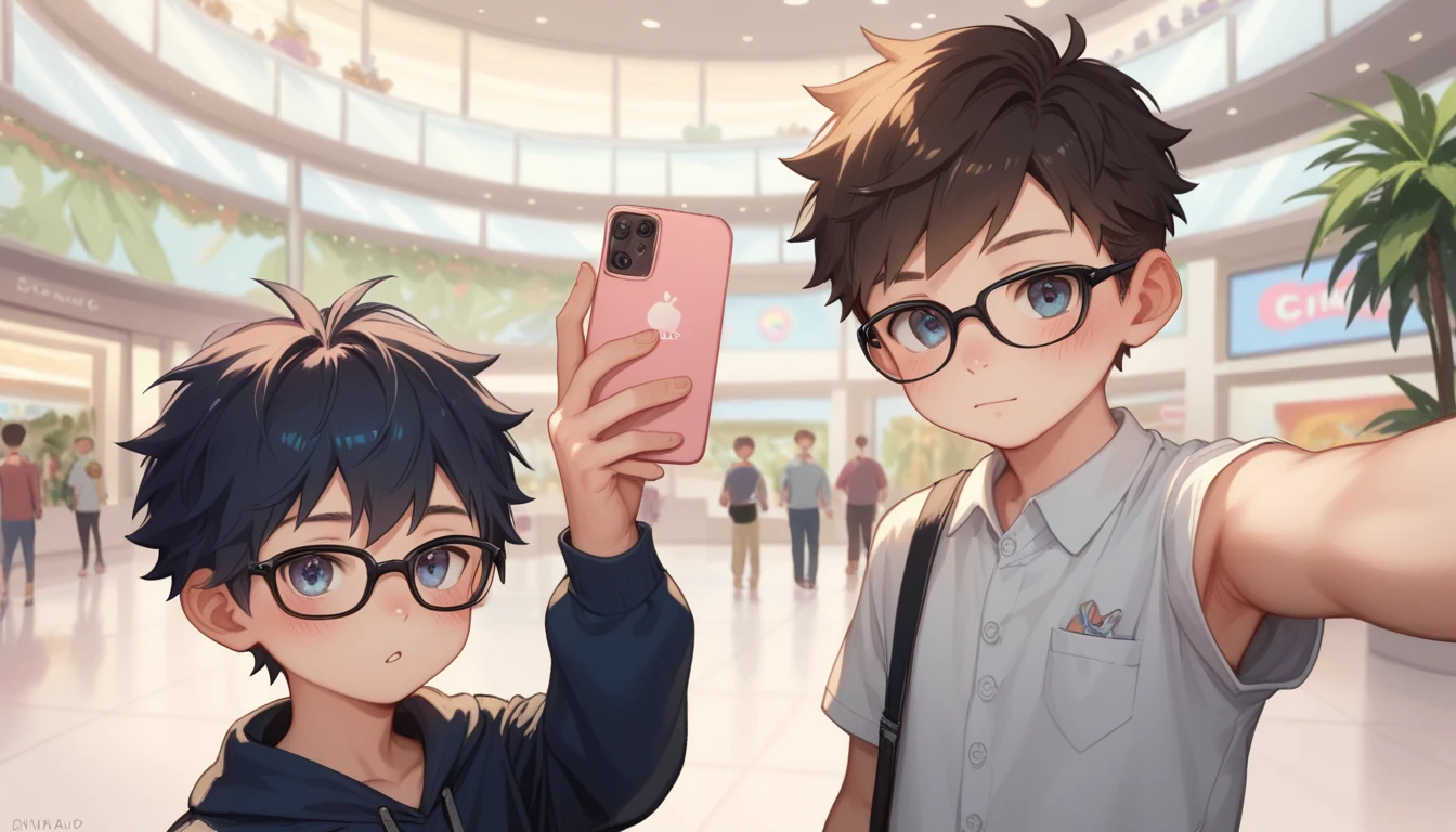 Two handsome cute kiid little young boy 5yr,kiidnap,delicious expression,blush,messy short hair,from front,in public mall,kiid face,wearing outfit clothes style,wearing black glasses,selfie in mall,fullbody,HD,4k,8k,dynamics lighting,perfect lighting,realistic