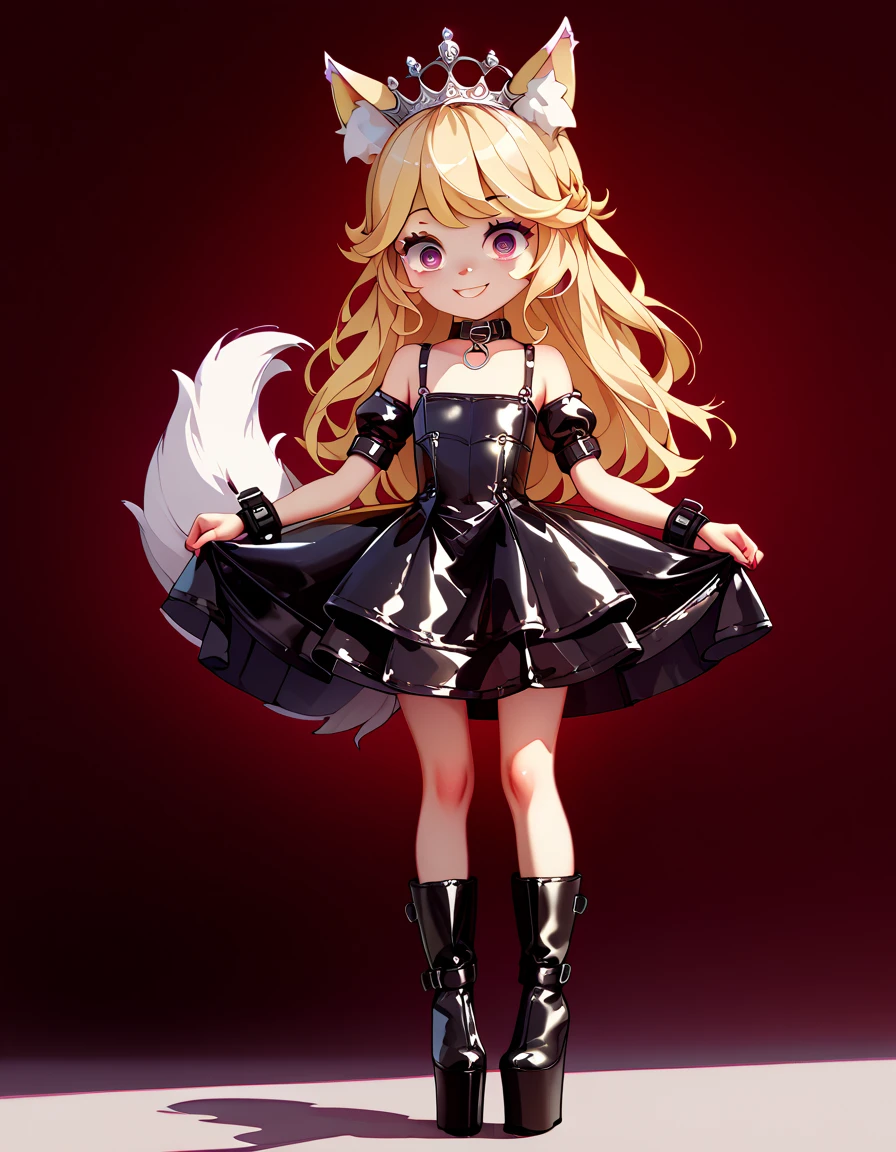  high image quality、 High Quality 、 petite girl、 big eyes、Droopy eyes、smile、Pure、crown、Wolf ears、Wolf Tail、Blonde、Platform boots、princess、 leather bondage dress