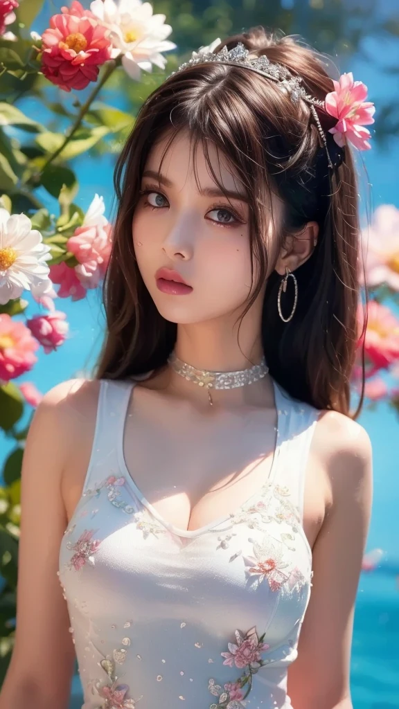 (((upper body))), from front, ((look at viewer)), ((nsfw)), 
1 girl, cute girl, shiny skin, Small face, (((slender))), (((Large Breasts))), 
(((White one piece dress:1.3))), cleavage, sexy, Transparent, Trendy clothes, 
turquoise Flowers, surrounded by Flowers, Delicate buds,
(black hair), long hair, curvy hair, wave hair, 
sexy choker, sexy earrings, Gorgeous tiara, Floral decoration, 
Dark eyeliner, Dark mascara, shiny pink cheeks, glossy pink lips, pink eyeshadow, under-eye bags, 
Blurred Background, Fantastic, Epic Scale, 
(best quality), (high quality), (masterpiece), (4k,8k,raw photo), (Highly Detailed Face and Skin Texture), Depth of written boundary, 
(Very elegant and beautiful, Perfect detail, Super detailed), Beautifully detailed whole body, 