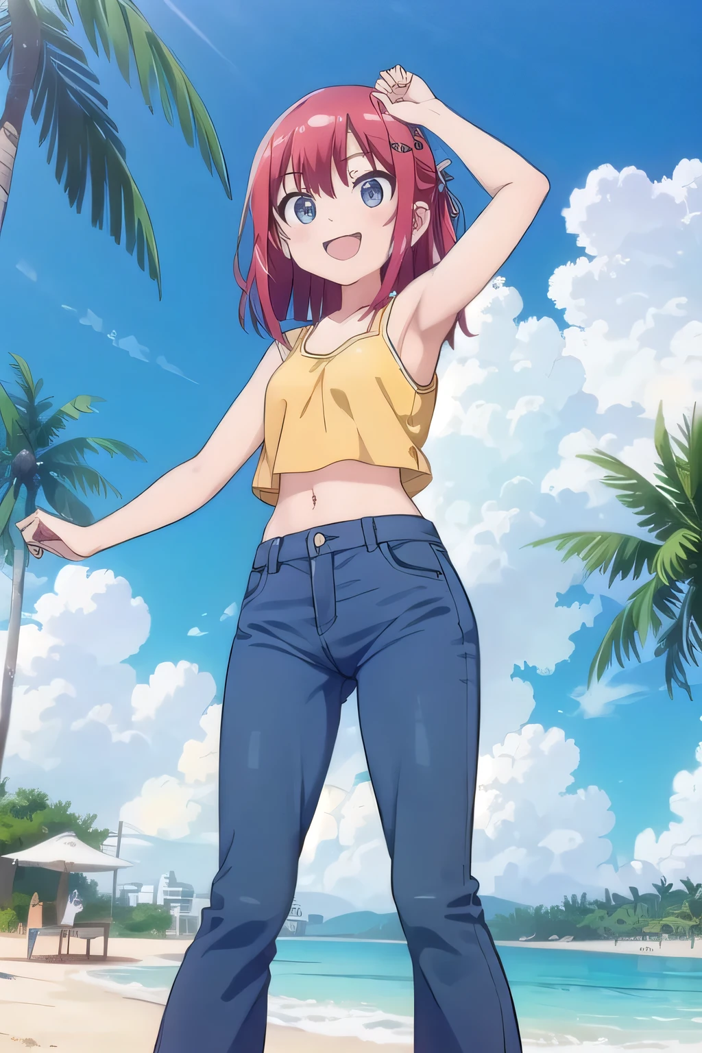 masterpiece,best quality,ultra detail,1girl, 14yo,petite, smile happily,background((under the beach, (day:1.2), under sand beach, bright sky)), kanzaki tomoyo, red hair, Raise your arms and bring them behind your head, yellow tank top, yellow crop top, jeans, blue pants, (flares jeans 1:1), blue jeans, sex pose, (legs spread:3:1), orgasm, from below