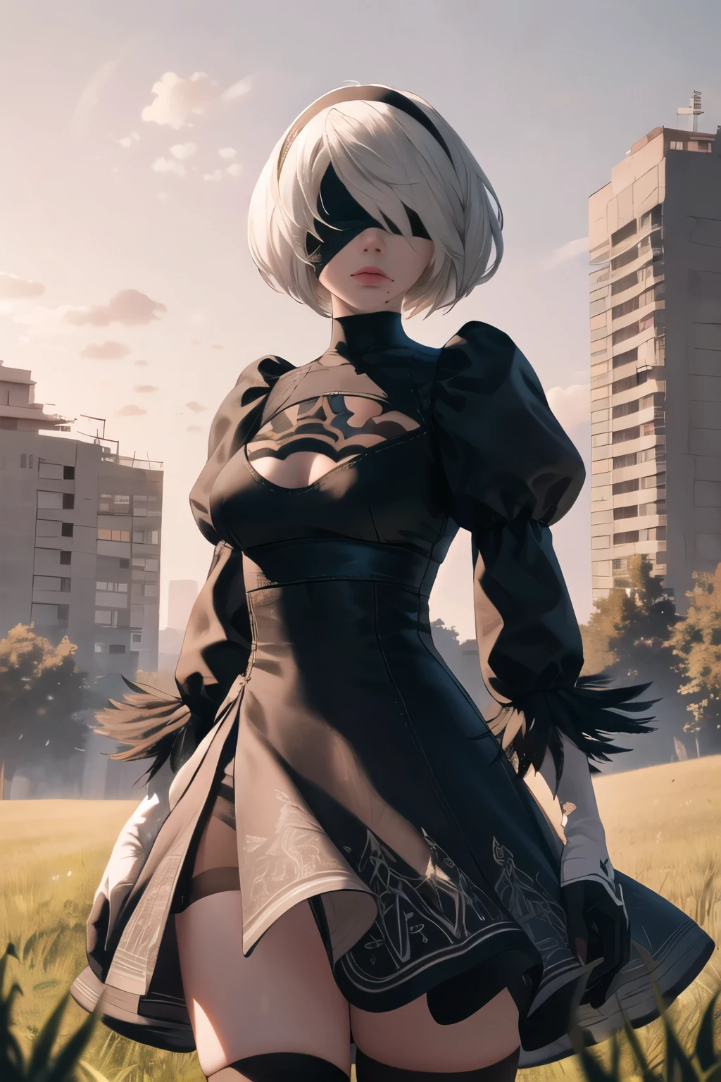 masterpiece, best quality, highres, hm2b, (2B (YoRHa No.2 Type B)), black blindfold, covered eyes, mole under mouth, clothing cutout, long sleeves, puffy sleeves,  juliet sleeves, feather trim, black thighhighs, black gloves, black dress, black skirt, outdoor, grass, building, ruins, field, standing, cowboy shot,