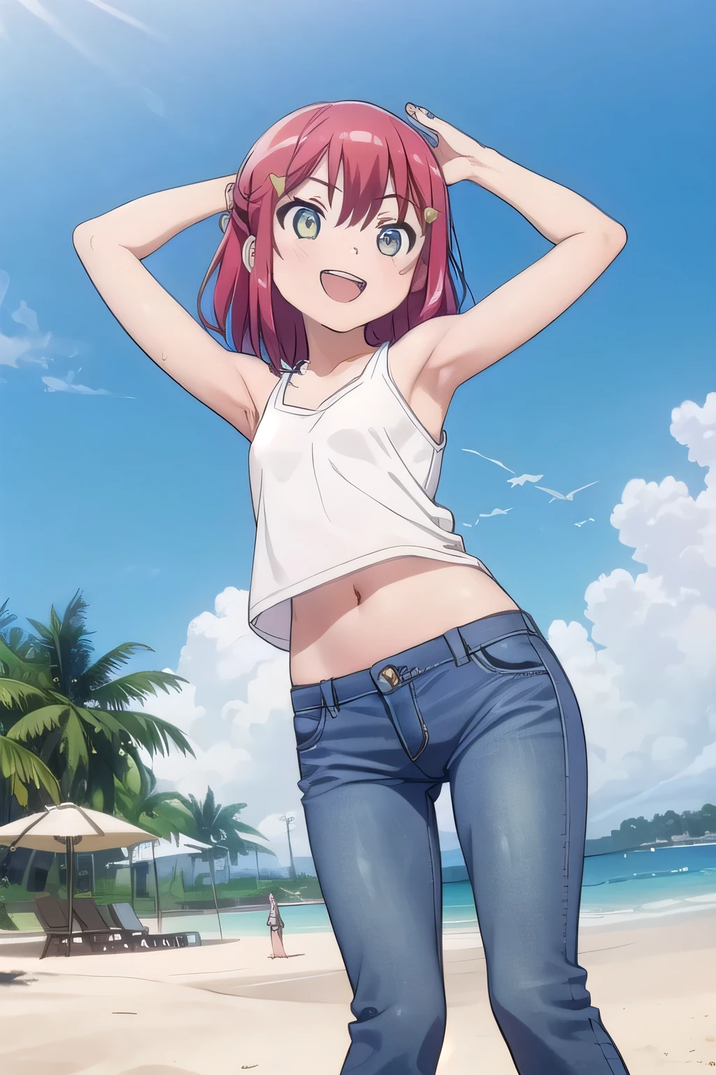 masterpiece,best quality,ultra detail,1girl, yo,pee, smile happily,background((under the beach, (day:1.2), under sand beach, bright sky)), kanzaki tomoyo, red hair, Raise your arms and bring them behind your head, yellow tank top, yellow crop top, jeans, blue pants, (flares jeans 1:1), blue jeans, sex pose, (legs spread:3:1), orgasm, from below