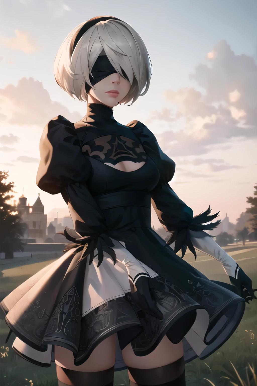 masterpiece, best quality, highres, hm2b, (2B (YoRHa No.2 Type B)), black blindfold, covered eyes, mole under mouth, clothing cutout, long sleeves, puffy sleeves,  juliet sleeves, feather trim, black thighhighs, black gloves, black dress, black skirt, outdoor, grass, building, ruins, field, standing, cowboy shot,