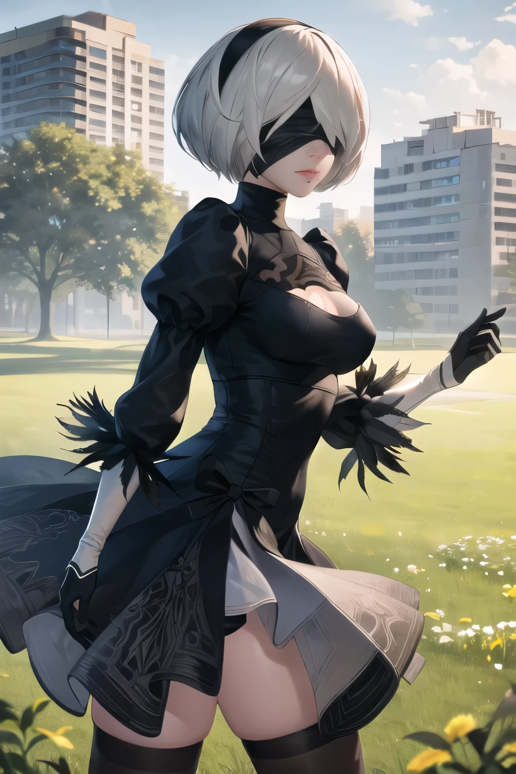 masterpiece, best quality, highres, hm2b, (2B (YoRHa No.2 Type B)), black blindfold, covered eyes, mole under mouth, clothing cutout, long sleeves, puffy sleeves,  juliet sleeves, feather trim, black thighhighs, black gloves, black dress, black skirt, outdoor, grass, building, ruins, field, standing, cowboy shot,