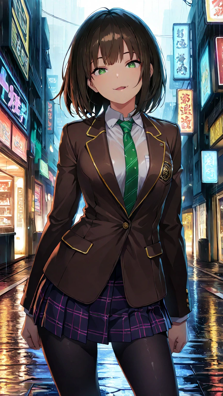 masterpiece, best quality, very aesthetic, photo realistic anime, Sharp Focus, high contrast, 1girl, detailed green eyes, half opened mouth, smile, dark brown silky hair, contrapposto, Captivating thighs, uniform, brown blazers, (hads in pocket, unbutton), Green tie, Plaid Pleated Skirt, black tights, rainy cyber city, at night