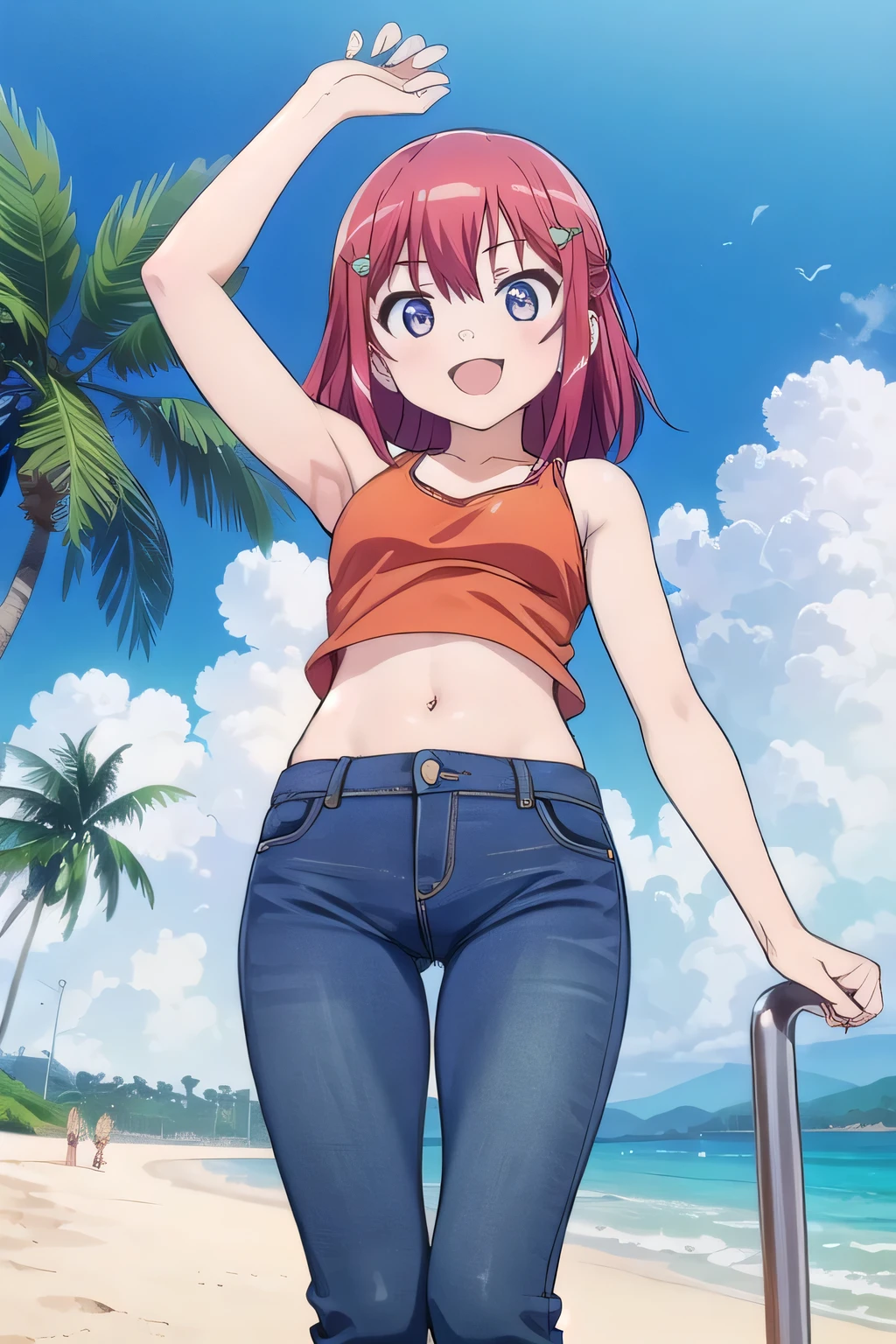 masterpiece,best quality,ultra detail,1girl, 14yo,petite, smile happily,background((under the beach, (day:1.2), under sand beach, bright sky)), kanzaki tomoyo, red hair, Raise your arms and bring them behind your head, orange tank top, orange crop top, jeans, blue pants, (flares jeans 1:1), blue jeans, sex pose, (legs spread:3:1), orgasm, from below