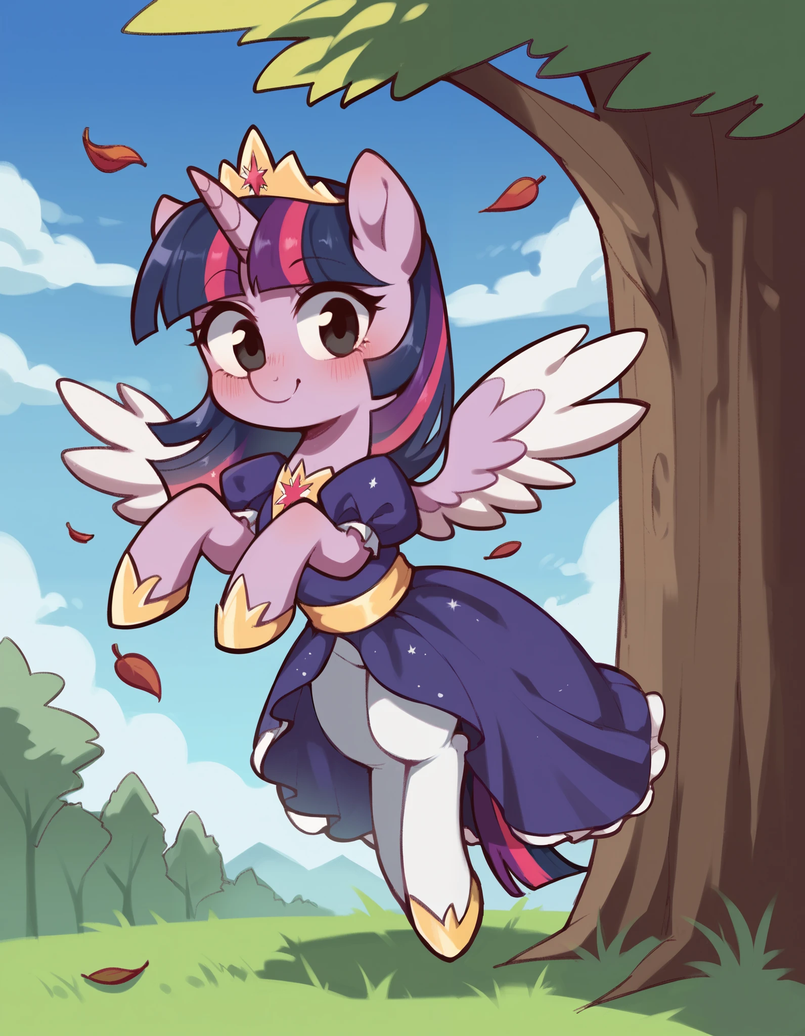 cwew, score_9, score_8_up, score_7_up,   solo, 1girl, solo,
stkyswt, flat color, sketch, black eyes, twilight princess, pony, looking at viewer, blush, light smile, unicorn horn, pegasus wings, princess dress, purple dress, white pantyhose, gold footwear, hooves, tiara, cloud, sky, grass, tree, falling leaves,