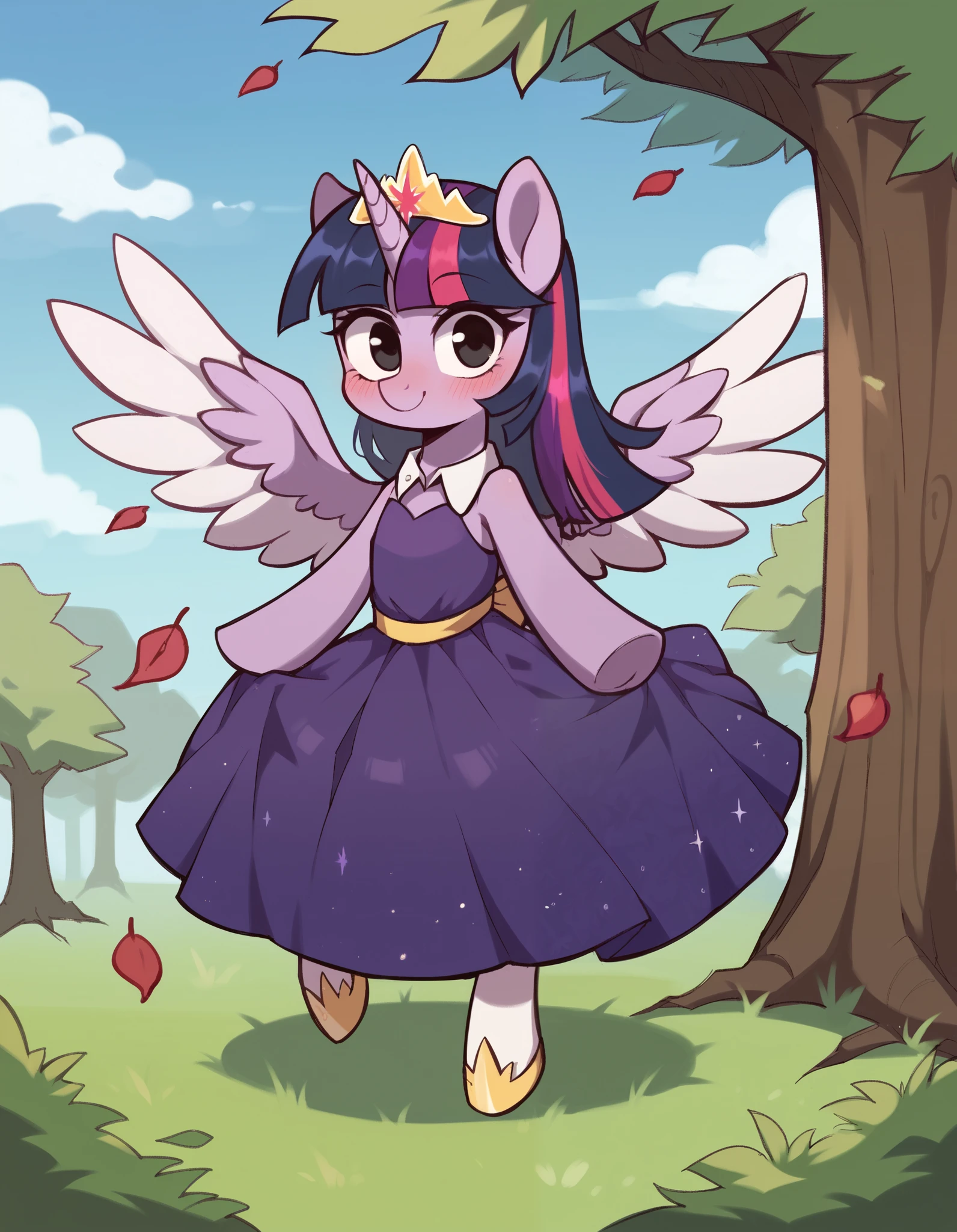 cwew, score_9, score_8_up, score_7_up,   solo, 1girl, solo,
stkyswt, flat color, sketch, black eyes, twilight princess, pony, looking at viewer, blush, light smile, unicorn horn, pegasus wings, princess dress, purple dress, white pantyhose, gold footwear, hooves, tiara, cloud, sky, grass, tree, falling leaves,