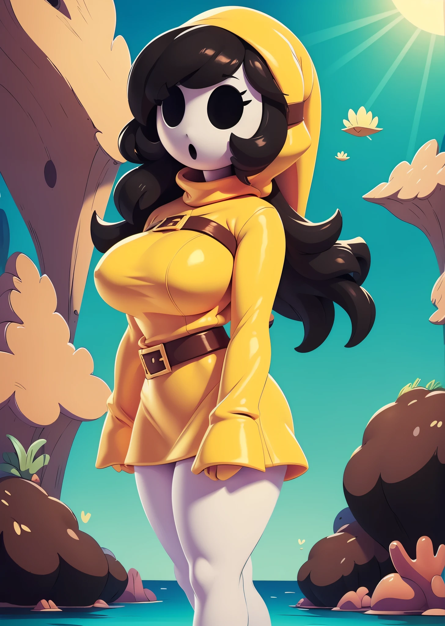 [shygal], ((masterpiece)), ((HD)), ((high resolution)), ((solo portrait)), ((waist up)), ((front view)), ((cartoon aesthetic)), ((beautiful rendering)), ((detailed shading)), ((intricate details)), {(attractive figure), (shy guy mask), (black eye holes), (mouth hole), (noseless), (long curly black hair), (long swept bang), (curvy hips), (beautiful legs)}, {(yellow hood), (yellow skirt), (white leggings), (brown belts with gold buckles)}, {(standing)}, [ambient lighting, beach, glistening ocean, sun rays]