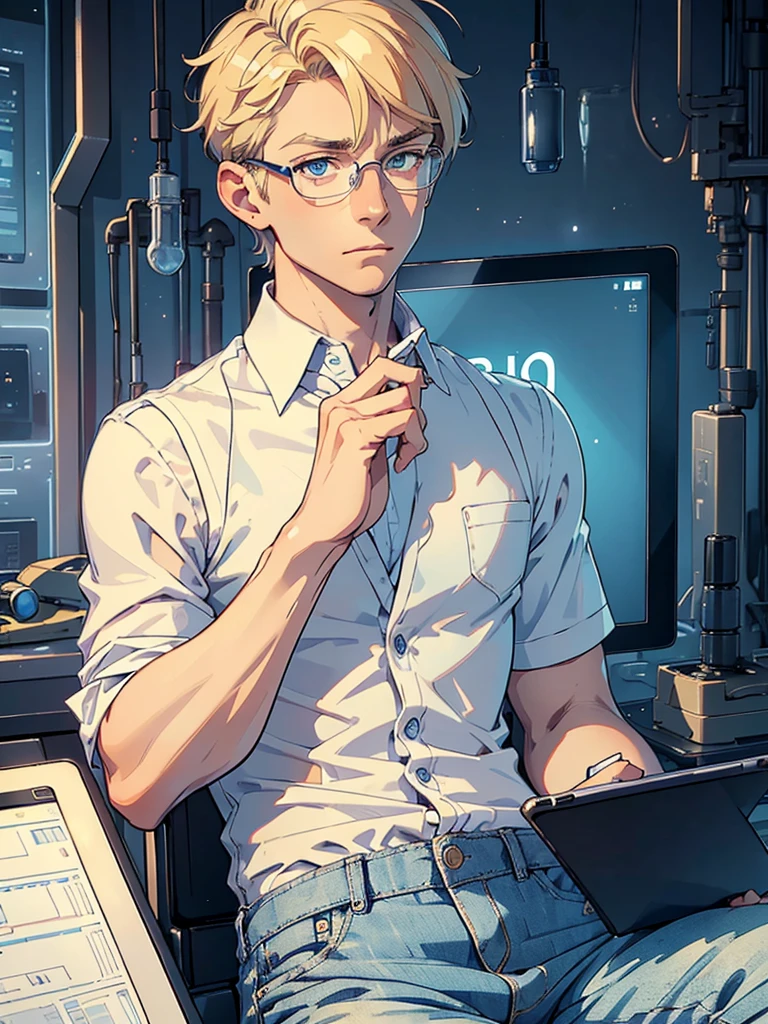 masterpiece, high quality, male, mid-30s, (upper body), sitting, ((holding tablet)), tall, average looking, nerdy, short blond hair, blue eyes, (glasses), looking worried, looking sad, wearing white shirt, [(unbuttoned) waistcoat : 3], cargo jeans, wristwatch, futuristic lab