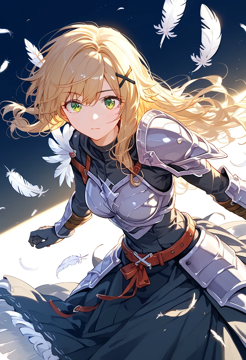 (((best quality))), spot lighting, feathers floating, akatsuki kirika, blonde hair, wolf hair, 1girl, solo, green eyes, looking at viewer, medium breasts , x hair ornament, ((feathers decoration on the right shoulder thrust a longsword into the ground:1.3)), black bodysuit, armored dress, yellow dress, red ribbon, silver breast armor, silver shoulder armor, black gloves, belt, long skirt, armored boots, 