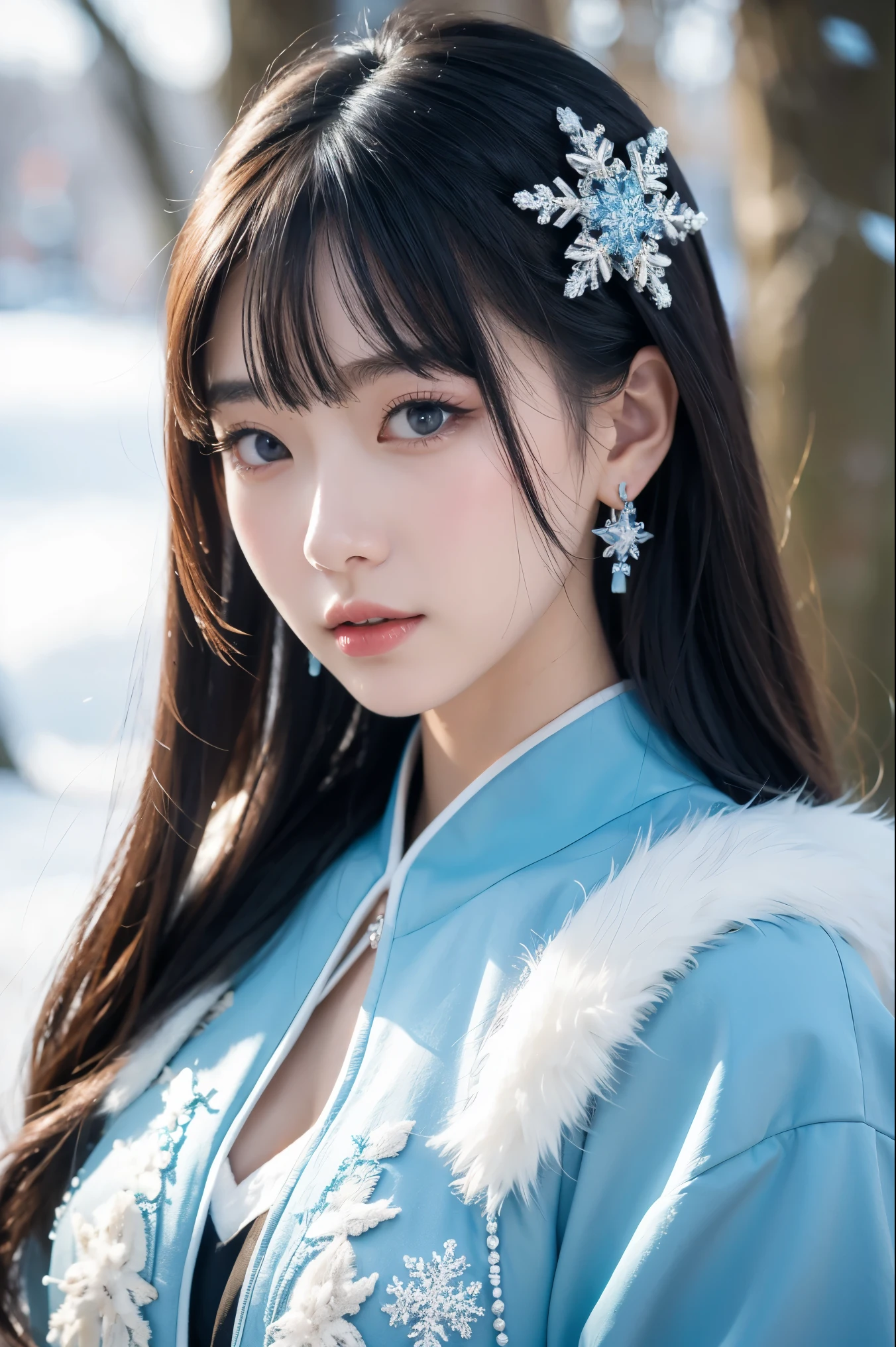 image of a highly stylized Japan girl character, possibly inspired by real aesthetics. The character is wearing an intricate, revealing outfit with icy blue and white colors, adorned with snowflake patterns and fur trims. The background features a snowy landscape with a house in the distance, and the character's appearance is enhanced with flawless makeup and a detailed hairstyle, resembling a winter-themed fantasy.