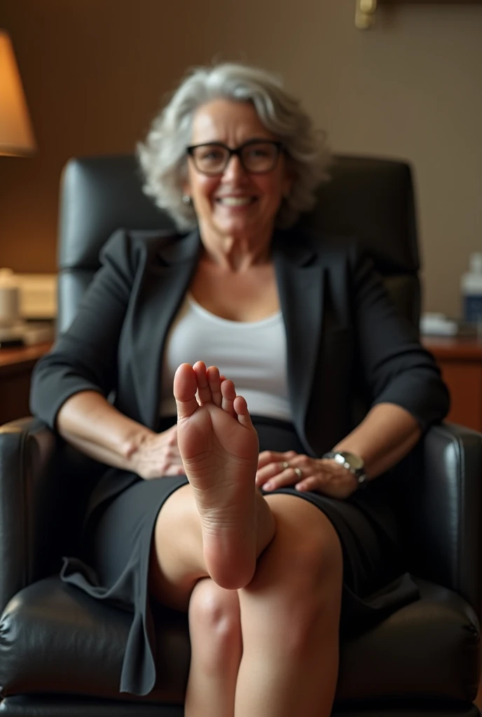 detailed,(realistic,photorealistic,photo-realistic:1.37), perfect feet anatomy, wide spread legs, mature older classy Italian lady, gray hair, eyeglasses, sit on her executive chair, inviting open smile promises a sexual intercourse, office setting, long skirt, knees apart, thighs open, spread knees, no underwear, thick thighs, raise naked foot asks to be licked, spy, hidden cam, pawg, looking the viewer, ultra low angle shot from in between her legs, look up. ((Secretly photographing hairy crotch under a skirt)), old woman, office, involuntary spread thick legs, involuntary flash, embarrassed candid expression, blushing, vainly trying to hide her pussy, pawg, large thighs, warm lightning makes woman's crotch perfectly visible, relaxed atmosphere.