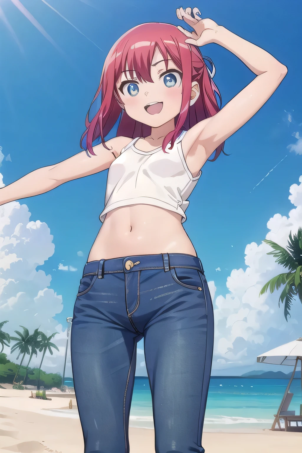 masterpiece,best quality,ultra detail,1girl, 14yo,petite, smile happily,background((under the beach, (day:1.2), under sand beach, bright sky)), kanzaki tomoyo, red hair, Raise your arms and bring them behind your head, cyan tank top, cyan crop top, jeans, blue pants, (flares jeans 1:1), blue jeans, sex pose, (legs spread:3:1), orgasm, from below