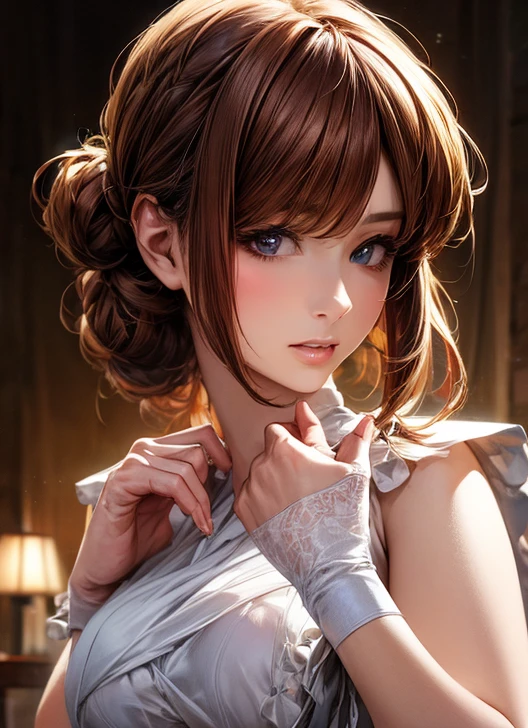 (( top quality)), (超 high definition ), ( very detailed), ( detailed description ), (( best CG )), (masterpiece),  Ultra Detailed Art , ( top quality, 8k, 32K, masterpiece), ( realistic :1.2)、( high definition ),  very beautiful face and eyes ,  1 Woman ,  Thin Waist, Delicate body, ( top quality,  attention to detail,  rich skin details ), ( top quality, 8k, Oil paint:1.2),  bright color、 beautiful Japanese woman 、 detailed face 、 、((Random HairStyle:1.2))