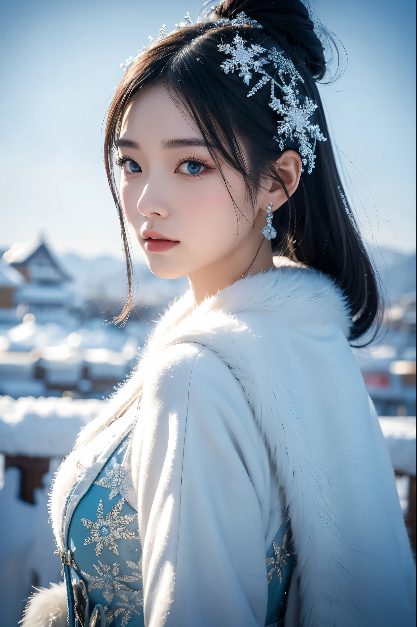 image of a highly stylized Japan girl character, possibly inspired by real aesthetics. The character is wearing an intricate, revealing outfit with icy blue and white colors, adorned with snowflake patterns and fur trims. The background features a snowy landscape with a house in the distance, and the character's appearance is enhanced with flawless makeup and a detailed hairstyle, resembling a winter-themed fantasy.