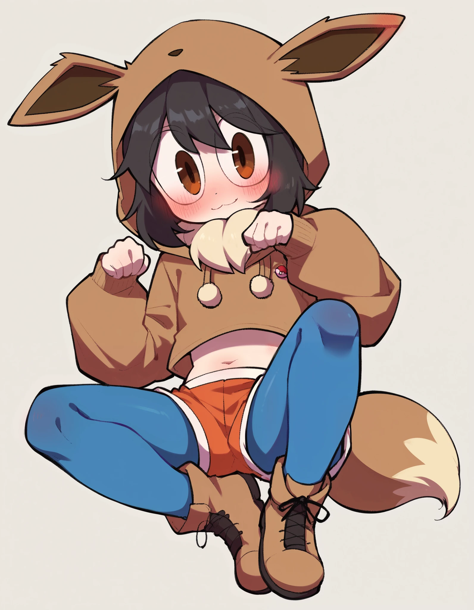 score_9, score_8_up, score_7_up, , 1girl, solo,
cwew, sketch, flat color, (round eyes:1.4), gingham crop top, orange gym shorts, blue pantyhose, knee boots, looking at viewer, light smile, ear blush,
brown eyes, short hair, black hair, eevee onesie, poke  \(pokemon\), fake tail, fake animal ears, brown hood, Brown onesie ,