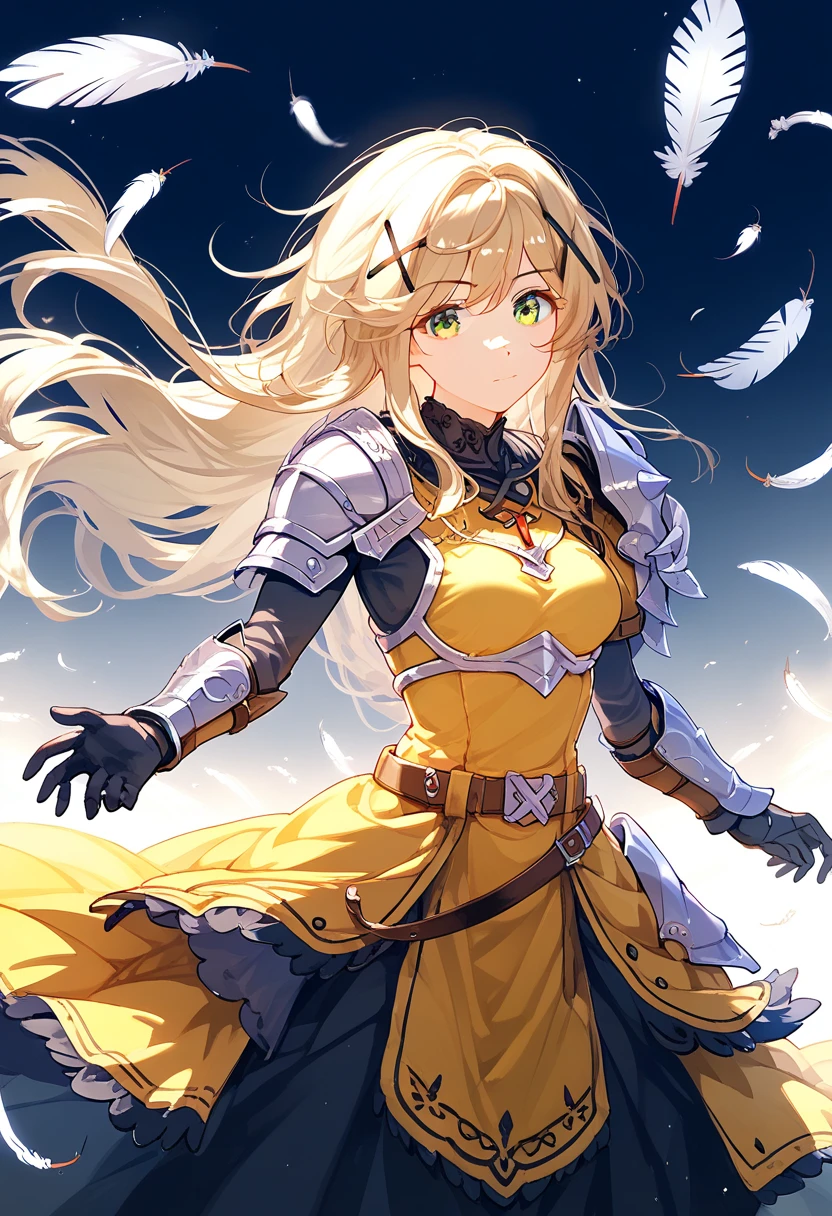 (((best quality))), spot lighting, feathers floating, akatsuki kirika, blonde hair, wolf hair, 1girl, solo, green eyes, looking at viewer, medium breasts , x hair ornament, ((feathers decoration on the right shoulder thrust a longsword into the ground:1.3)), black bodysuit, armored dress, yellow dress, red ribbon, silver breast armor, silver shoulder armor, black gloves, belt, long skirt, armored boots, 