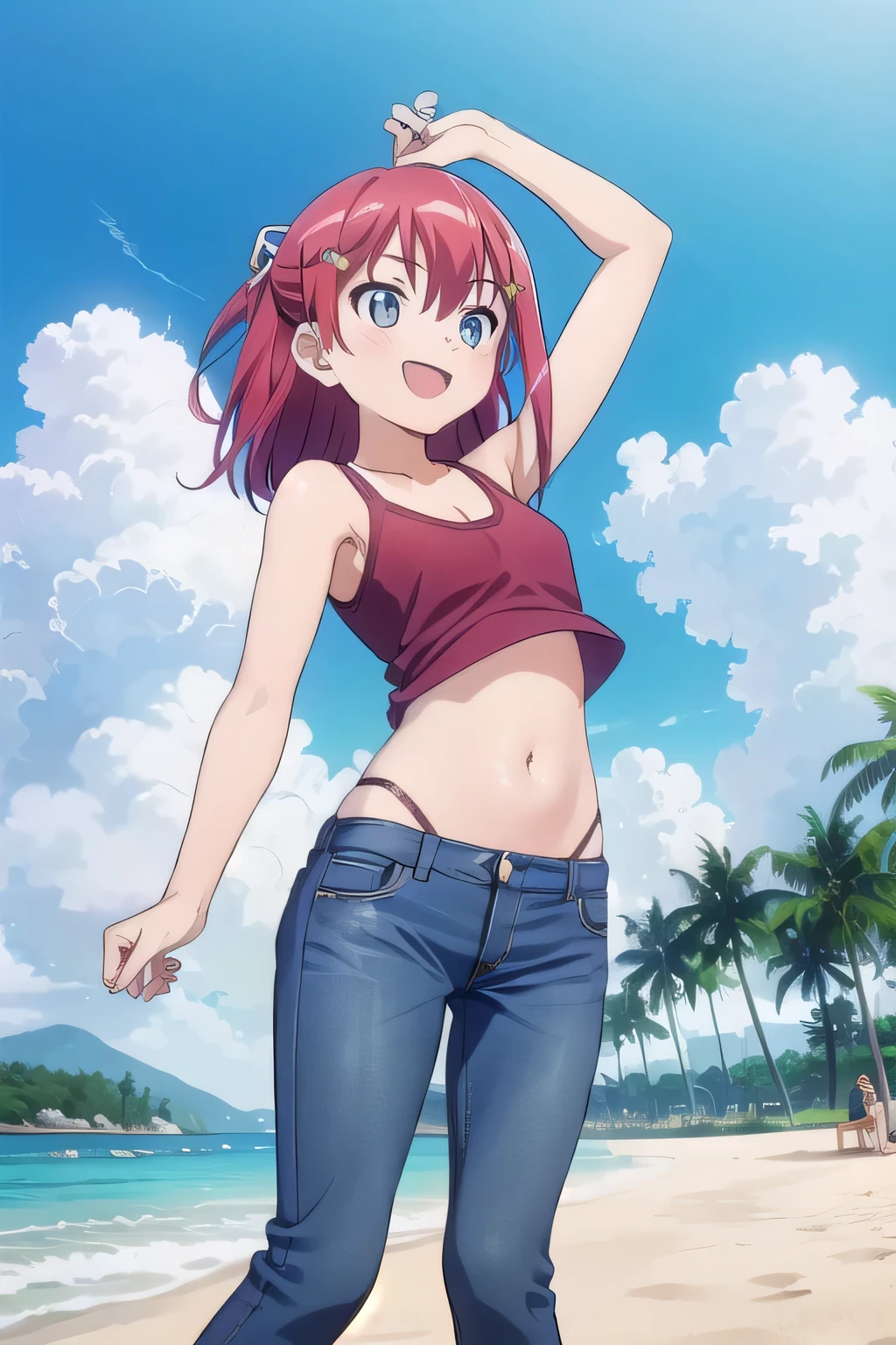 masterpiece,best quality,ultra detail,1girl, yo,pee, smile happily,background((under the beach, (day:1.2), under sand beach, bright sky)), kanzaki tomoyo, red hair, Raise your arms and bring them behind your head, cyan tank top, cyan crop top, jeans, blue pants, (flares jeans 1:1), blue jeans, sex pose, (legs spread:3:1), orgasm, from below