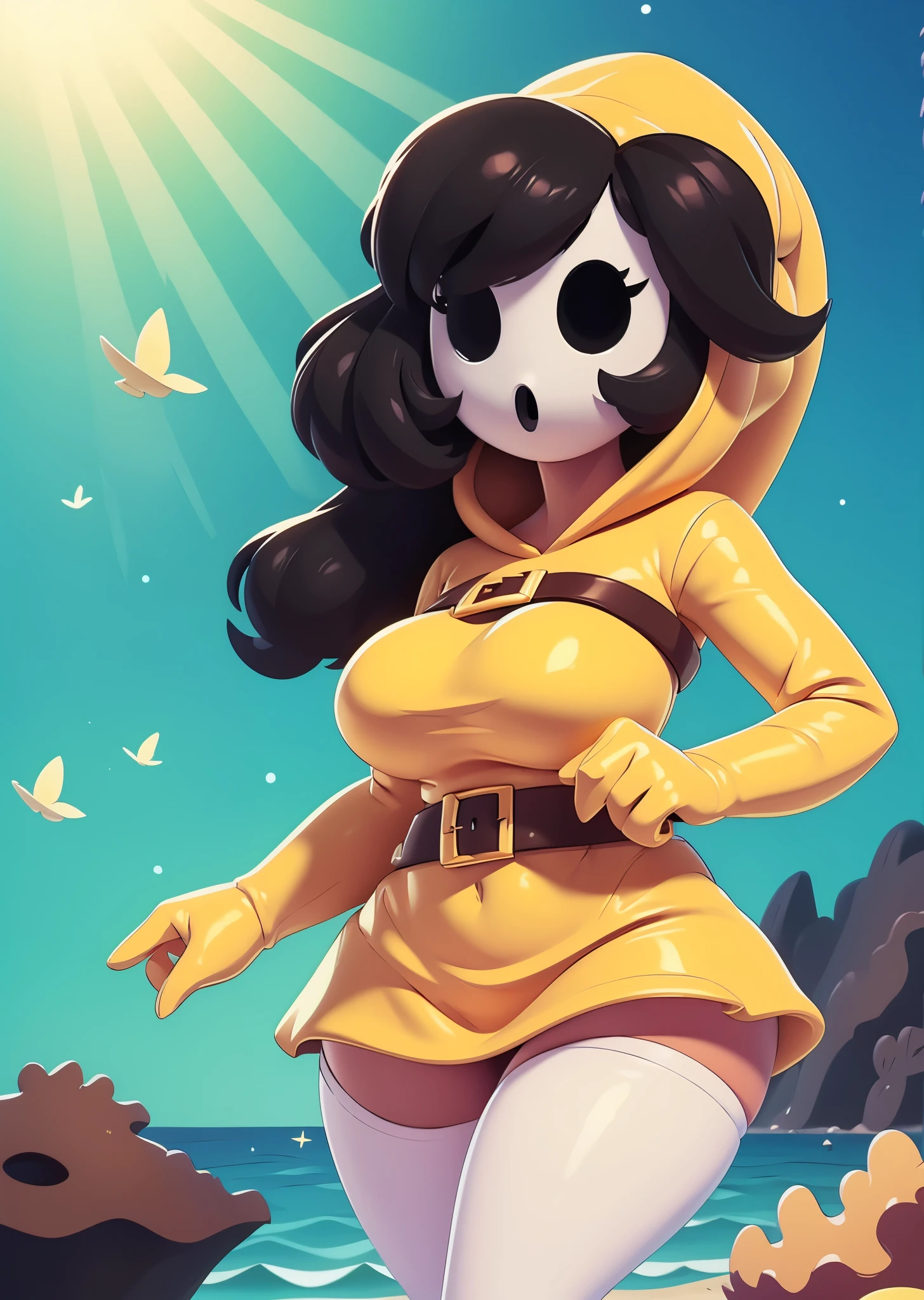 [shygal], ((masterpiece)), ((HD)), ((high resolution)), ((solo portrait)), ((waist up)), ((front view)), ((cartoon aesthetic)), ((beautiful rendering)), ((detailed shading)), ((intricate details)), {(attractive figure), (shy guy mask), (black eye holes), (mouth hole), (noseless), (long curly black hair), (long swept bang), (curvy hips), (beautiful legs)}, {(yellow hood), (yellow skirt), (white leggings), (brown belts with gold buckles)}, {(standing)}, [ambient lighting, beach, glistening ocean, sun rays]