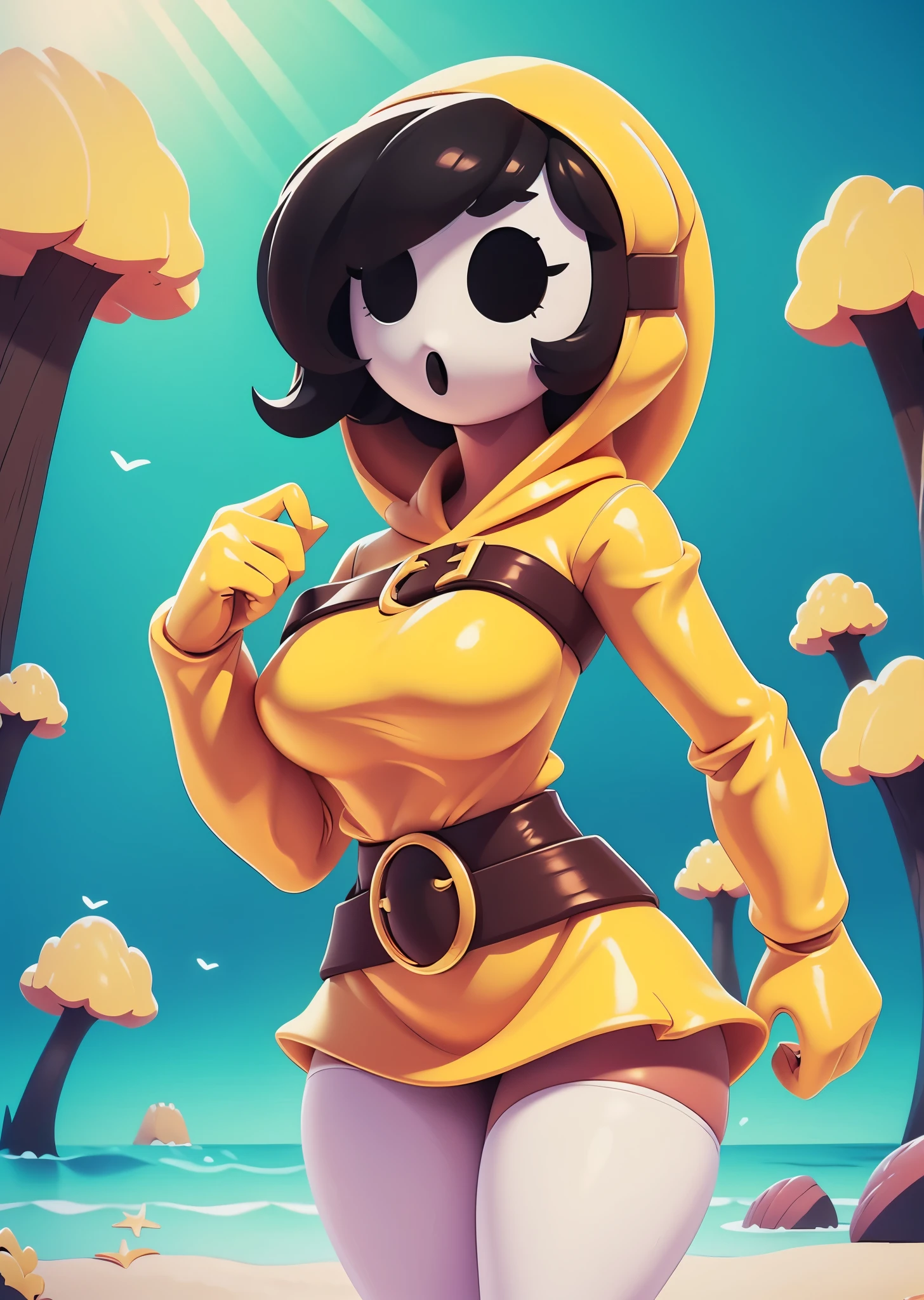 [shygal], ((masterpiece)), ((HD)), ((high resolution)), ((solo portrait)), ((waist up)), ((front view)), ((cartoon aesthetic)), ((beautiful rendering)), ((detailed shading)), ((intricate details)), {(attractive figure), (shy guy mask), (black eye holes), (mouth hole), (noseless), (long curly black hair), (long swept bang), (curvy hips), (beautiful legs)}, {(yellow hood), (yellow skirt), (white leggings), (brown belts with gold buckles)}, {(standing)}, [ambient lighting, beach, glistening ocean, sun rays]