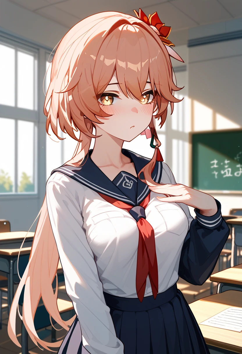 Guinaifen \(honkai: star rail\),medium breasts, slender body、25-year-old woman,school uniform, long sleeve 、classroom、 blush, chest up、へそ出し