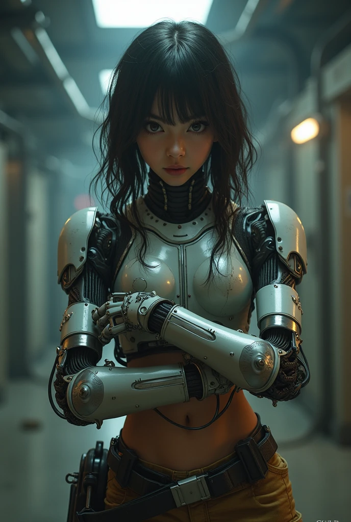 Top Quality, Masterpiece, Ultra High Resolution, ((Photorealistic: 1.4),((nude,nake:)) Raw Photo, 1 cybepunk Girl, Glossy Skin, 1 Mechanical Girl, (Ultra Realistic Detailechanical limbs, tubes connected to the mechanical parts, mechanical vertebrae attached to the spine, mechanical cervical attachment to the neck, wires and cables connecting to the head, Evangelion, Ghost in the Shell, small glowing LED lamps, global lighting, deep shadows, Octane Rendering, 8K, bloom effect, Ultra Sharp, Metal, Intricate Ornament Details, baroque details, Very intricate details, realistic light, CGSoation trend, facing the camera, neon details, (android manufactory in background), art by H.R. Giger and Alphonse Mucha.