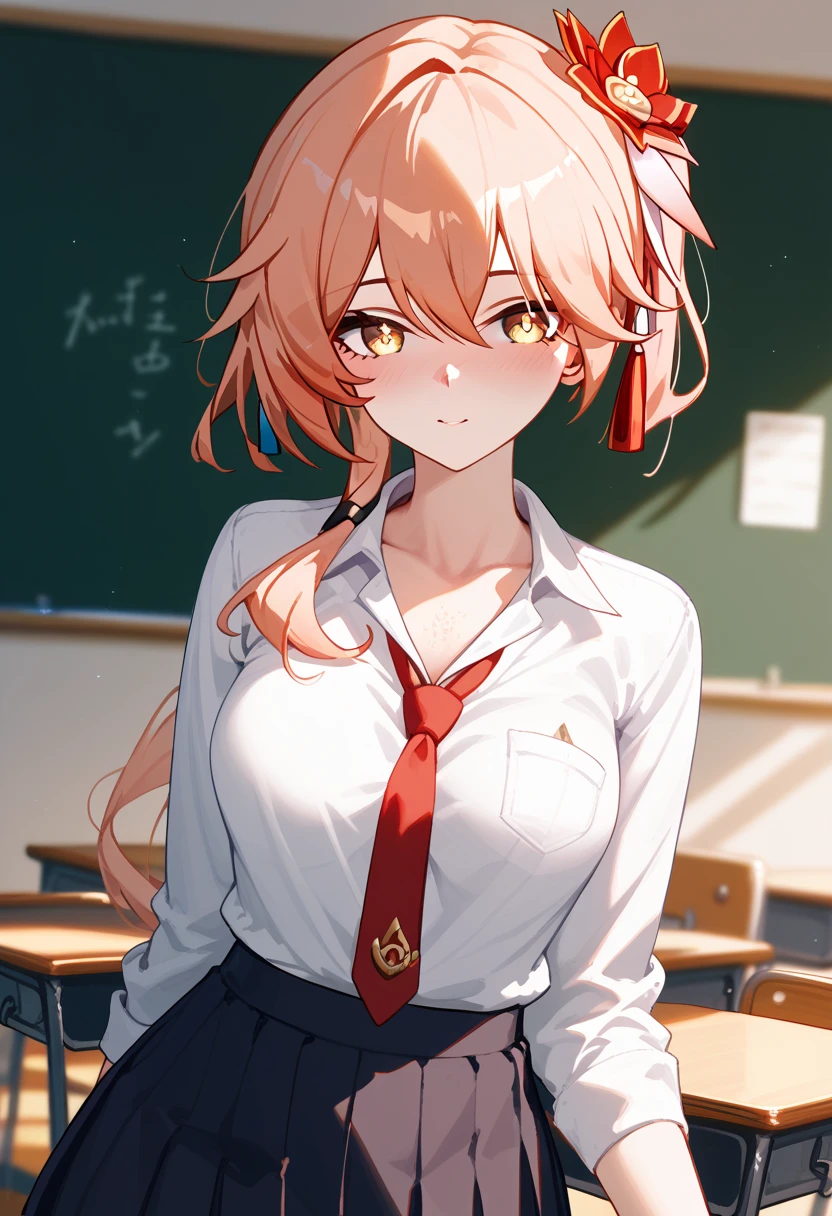 Guinaifen \(honkai: star rail\),medium breasts, slender body、25-year-old woman,school uniform, long sleeve 、classroom、 blush, chest up、へそ出し