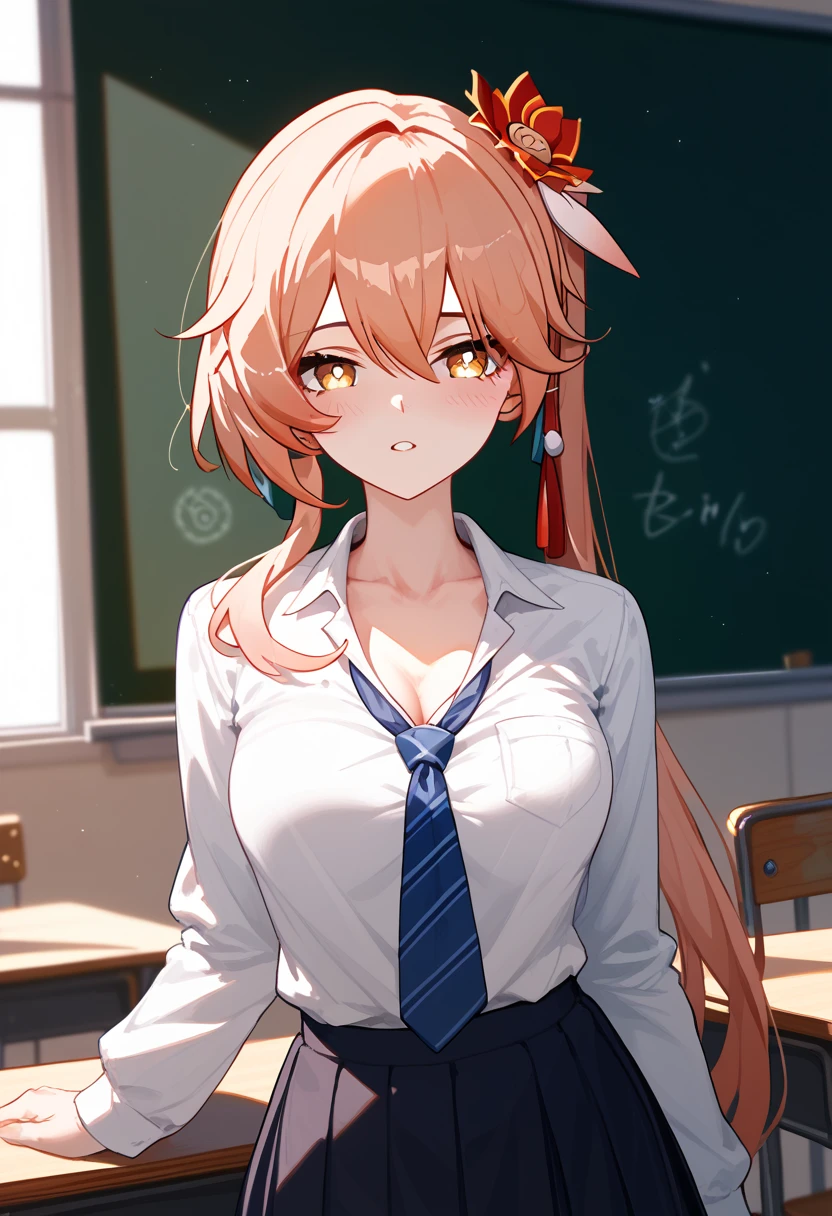 Guinaifen \(honkai: star rail\),medium breasts, slender body、25-year-old woman,school uniform, long sleeve 、classroom、 blush, chest up、へそ出し