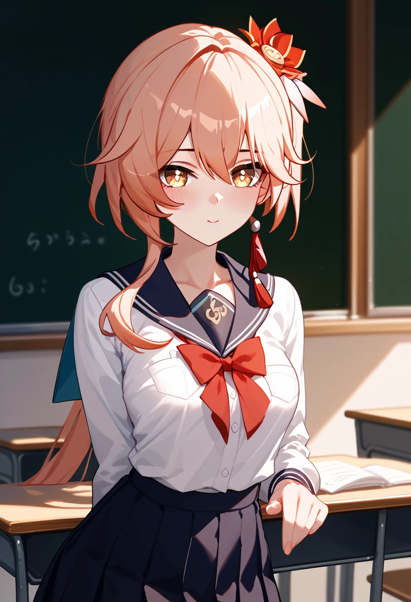 Guinaifen \(honkai: star rail\),medium breasts, slender body、25-year-old woman,school uniform, long sleeve 、classroom、 blush, chest up、へそ出し