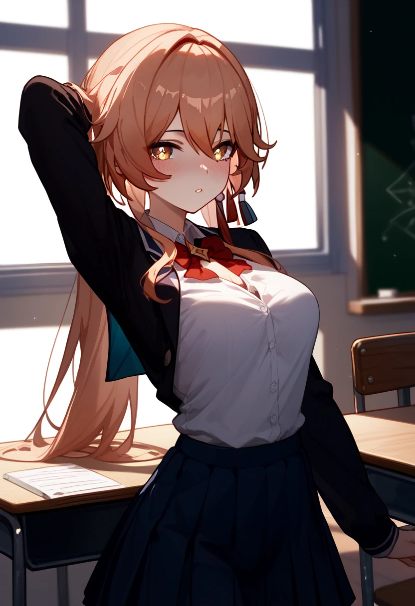 Guinaifen \(honkai: star rail\),medium breasts, slender body、25-year-old woman,school uniform, long sleeve 、classroom、 blush, chest up、へそ出し