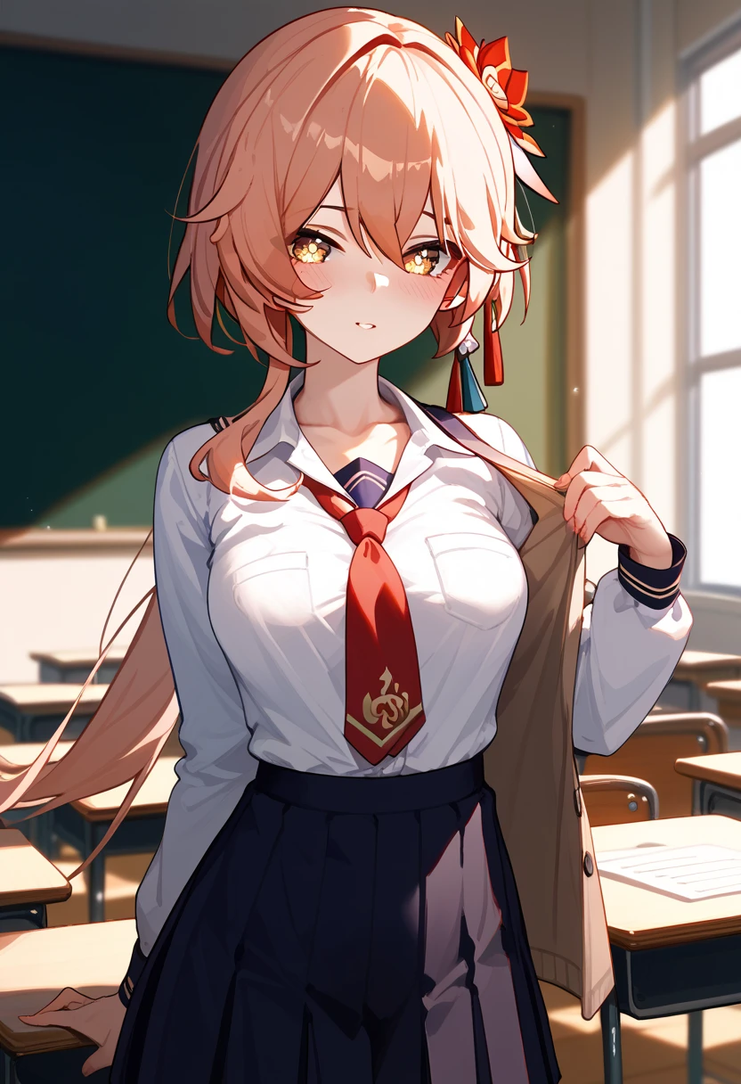 Guinaifen \(honkai: star rail\),medium breasts, slender body、25-year-old woman,school uniform, long sleeve 、classroom、 blush, chest up、へそ出し