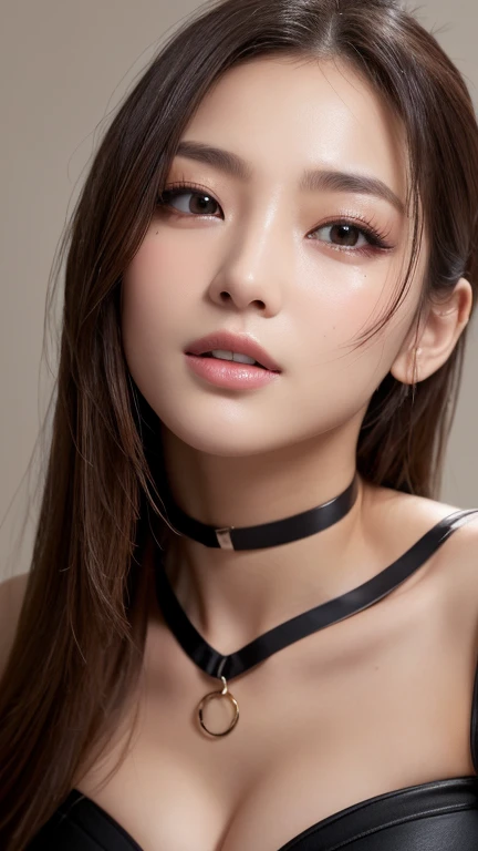 best quality, realistic, front pov, (a 28 years old female Indonesian supermodel), (perky nipples), (perky breasts:1.1) small breast, seductive smile, (dark red hair:1.5), (long hair) (straight hair:1.1), perfect eyes, sharp details, detailed face, face makeup, cheeks blush, eyeliner, eyeshadows, lip gloss, , (deep focus), (hard lighting), (realistic lighting:1.0), close up shots, cowboy shots, black star neck lace collar, show breast, seduce lips, seduce eyes
