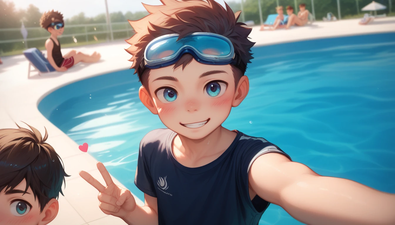 Two handsome cute kiid little young boy 5yr,kiidnap,delicious expression,blush,messy short hair,from front,in public loker,kiid face,wearing pants swimming,wearing swimming goggles,selfie in loker,fullbody,HD,4k,8k,dynamics lighting,perfect lighting,realistic