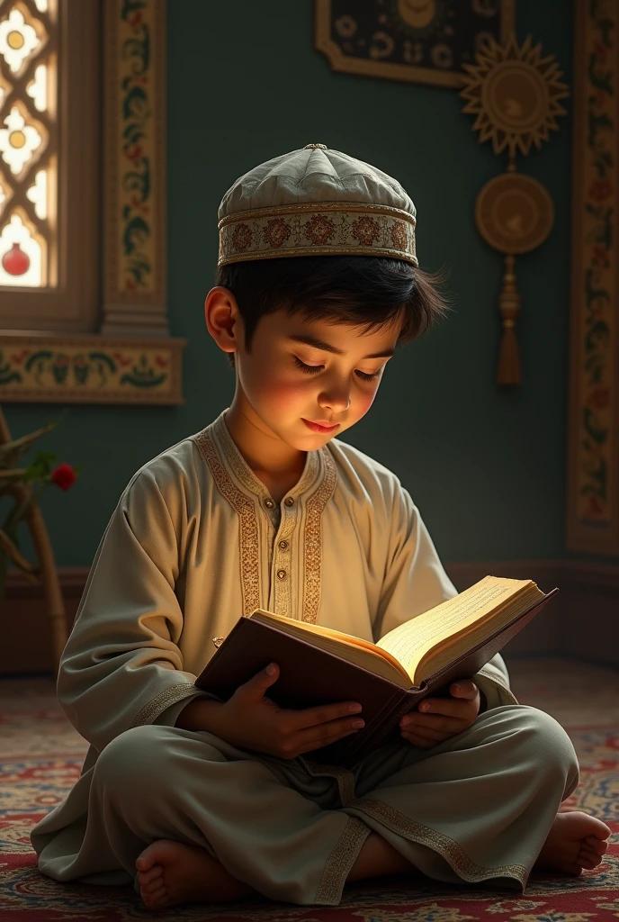 Give me a beautiful doa picture. A boy with a white cap on his head. Reading Punjabi Noorani look. And below the photo will be written in Bengali: Made by: Mo: Salim