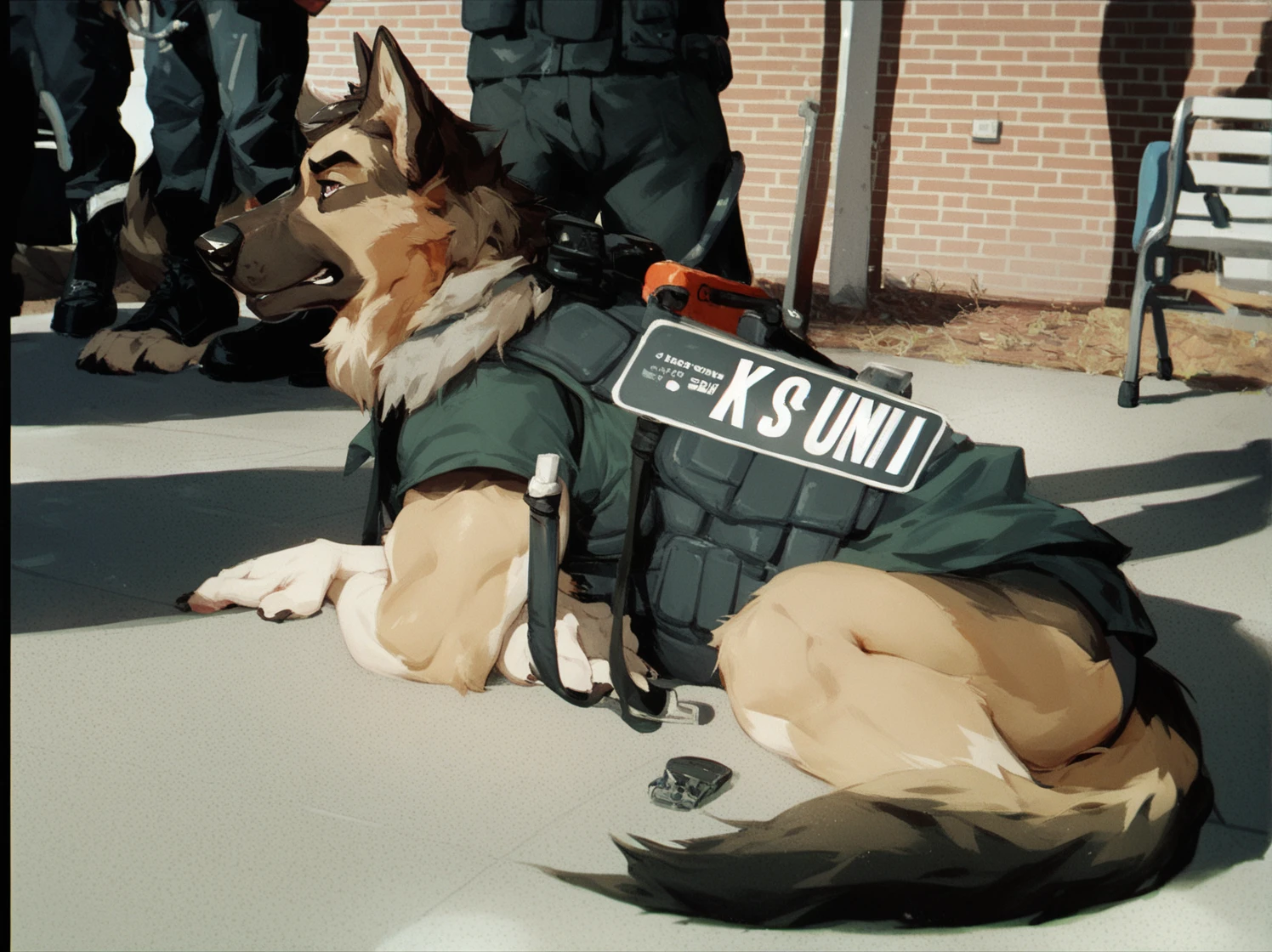 score_9, score_8_up, score_7_up, score_6_up, adult, very long haired, German shepherd, bulletproof vest, anthropomorphic, furry, airport 