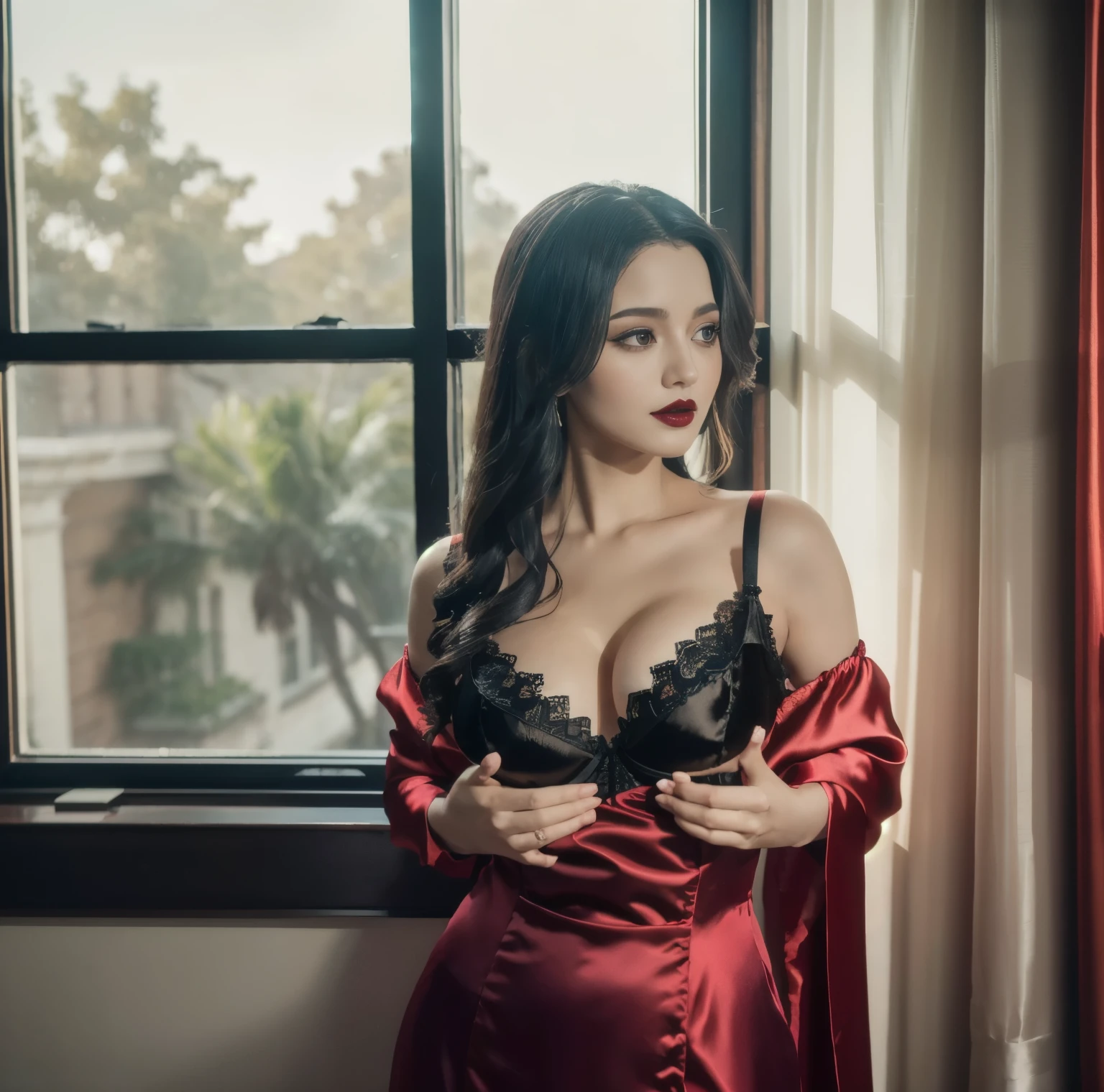 8K quality, Masterpiece, Bright Artistic Lighting, super real , high chroma, A room in an aristocrat house with warm lighting , A beautiful girl standing by the window with only her chest sticking out of her voluminous dress, (red bra:1.3), (Luxurious black gothic dress with lots of silk :1.3), breast grab,