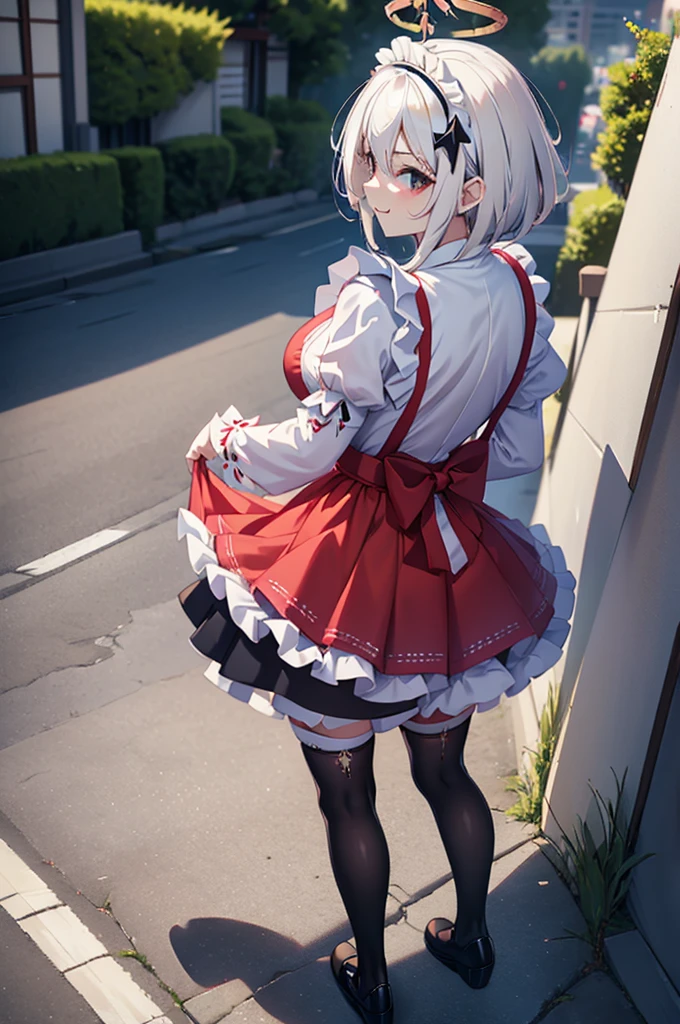 a solo shy femboy,sexy femboy , trap ,paimon gi,thighhigh, thighhighs, halo,medium butt , hair between eyes ,white hair,wearing a japan long maid dress and black pantyhose ,wearing a maid shoes,red face ,embrassed ,smile,underbutt, walking in a city downtown at afternoon time