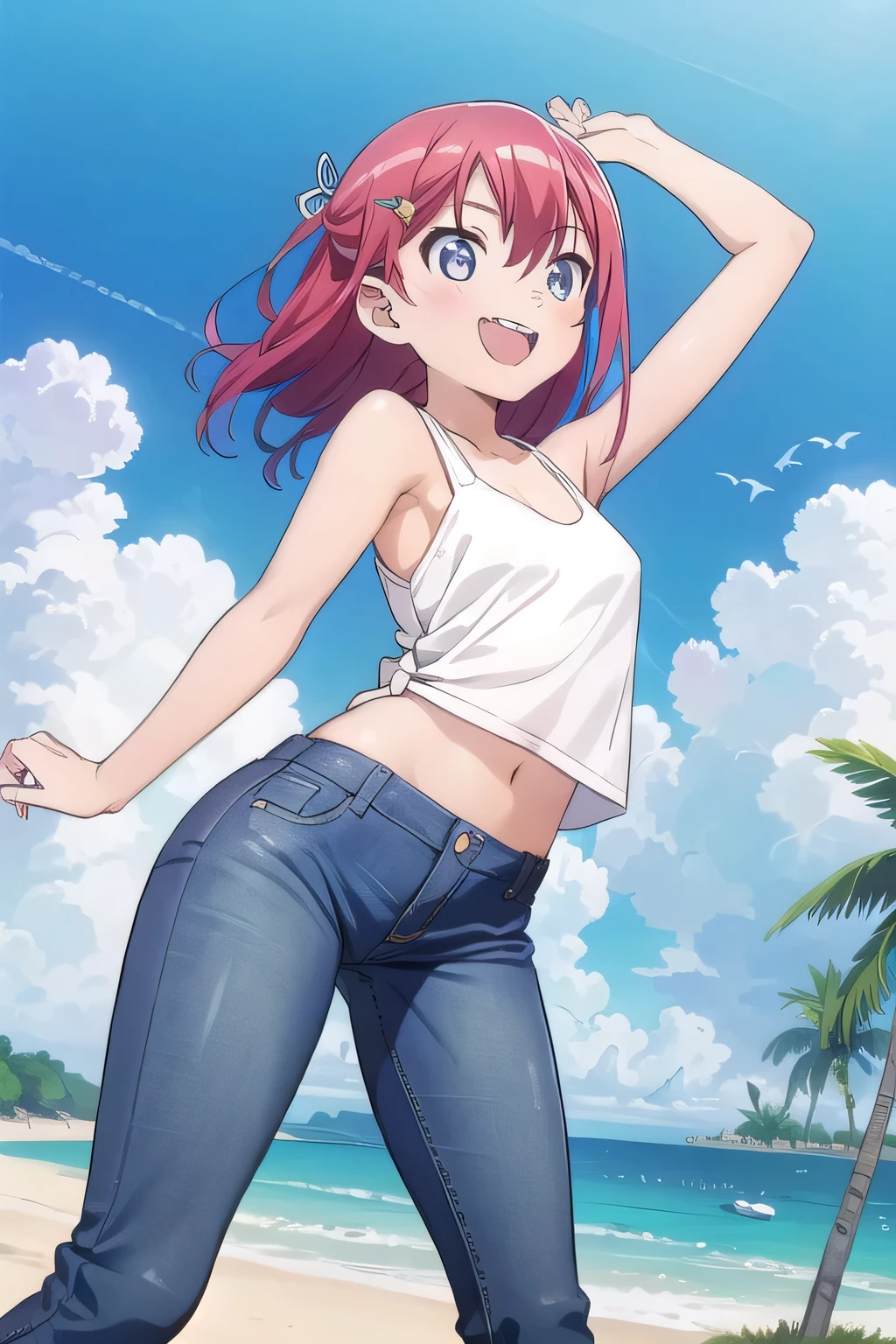 masterpiece,best quality,ultra detail,1girl, 14yo,petite, smile happily,background((under the beach, (day:1.2), under sand beach, bright sky)), kanzaki tomoyo, red hair, Raise your arms and bring them behind your head, light yellow tank top, light yellow crop top, jeans, blue pants, (flares jeans 1:1), blue jeans, sex pose, (legs spread:3:1), orgasm, from below