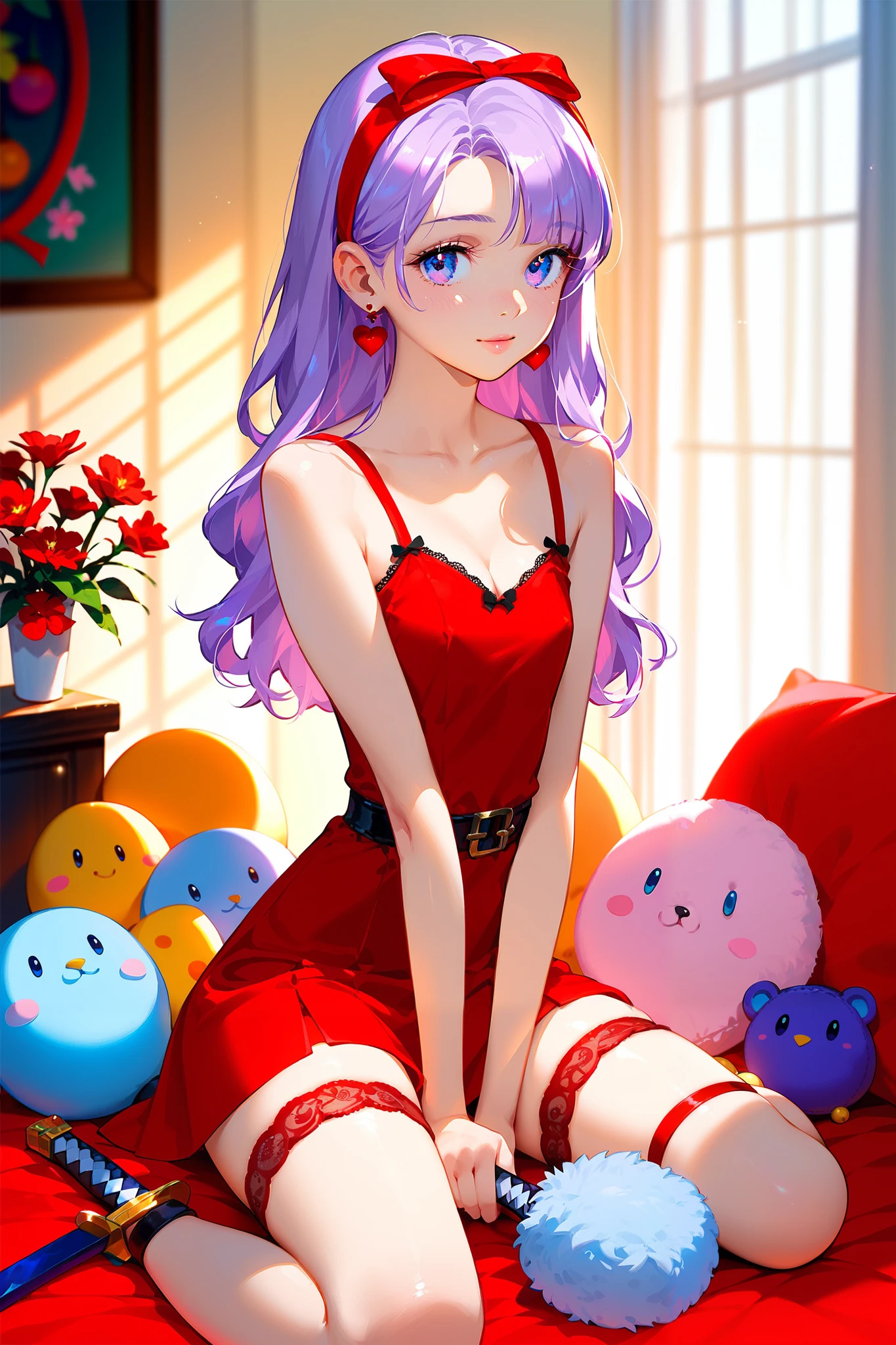 Young girl, long lilac hair, red flower on her head, lilac eyes, beautiful appearance, red short satin dress. There is a red wedding garter on her right hip. ren's room with toys, a katana with a red hilt lies next to it. Top view. Sitting on a bed with her legs tucked under her butt, resting her hands on the bed between her legs. Leans slightly forward. Her breasts are showing, her thighs are exposed. Looks at me, a look of shyness, submission on her face. Looking at me innocently.