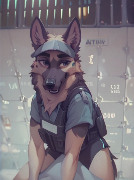 score_9, score_8_up, score_7_up, score_6_up, adult, very long haired, German shepherd, bulletproof vest, anthropomorphic, furry, airport 