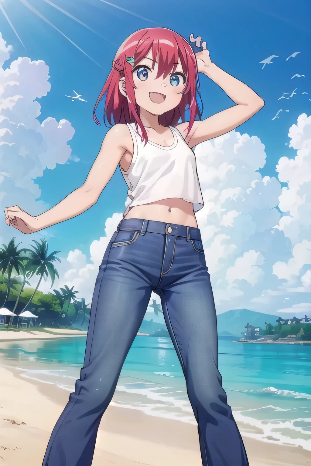 masterpiece,best quality,ultra detail,1girl, 14yo,petite, smile happily,background((under the beach, (day:1.2), under sand beach, bright sky)), kanzaki tomoyo, red hair, Raise your arms and bring them behind your head, White tank top, White crop top, jeans, blue pants, (flares jeans 1:1), blue jeans, sex pose, (legs spread:3:1), orgasm, from below