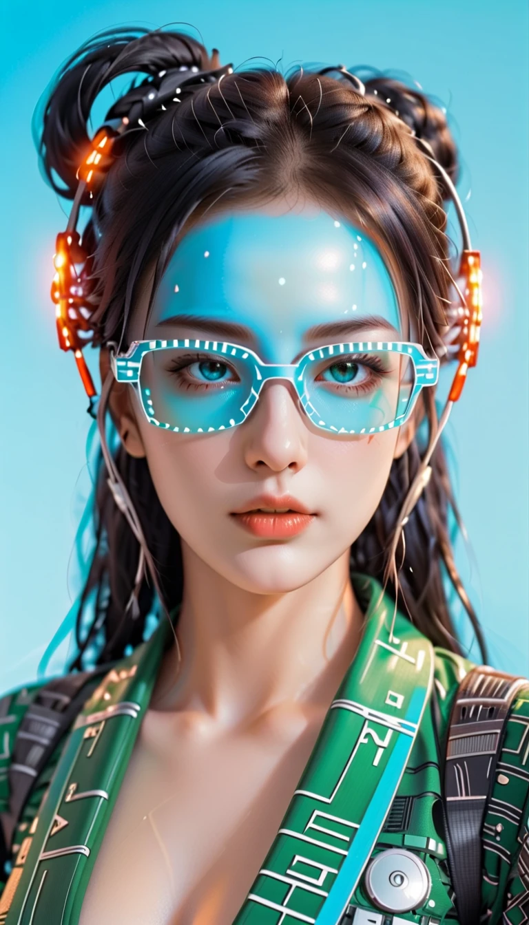 t expresses the beautiful appearance of artificial intelligence on various topics, and the background is matrix coding, Put on cybernetic goggles, A bit of pop art. It feels like a robot